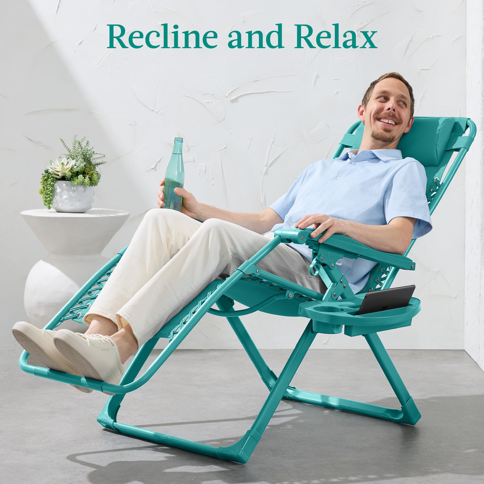 Best Choice Products Adjustable Zero Gravity Chair, Monochromatic Color Folding Patio Recliner W/Side Tray, Headrest - Caribbean