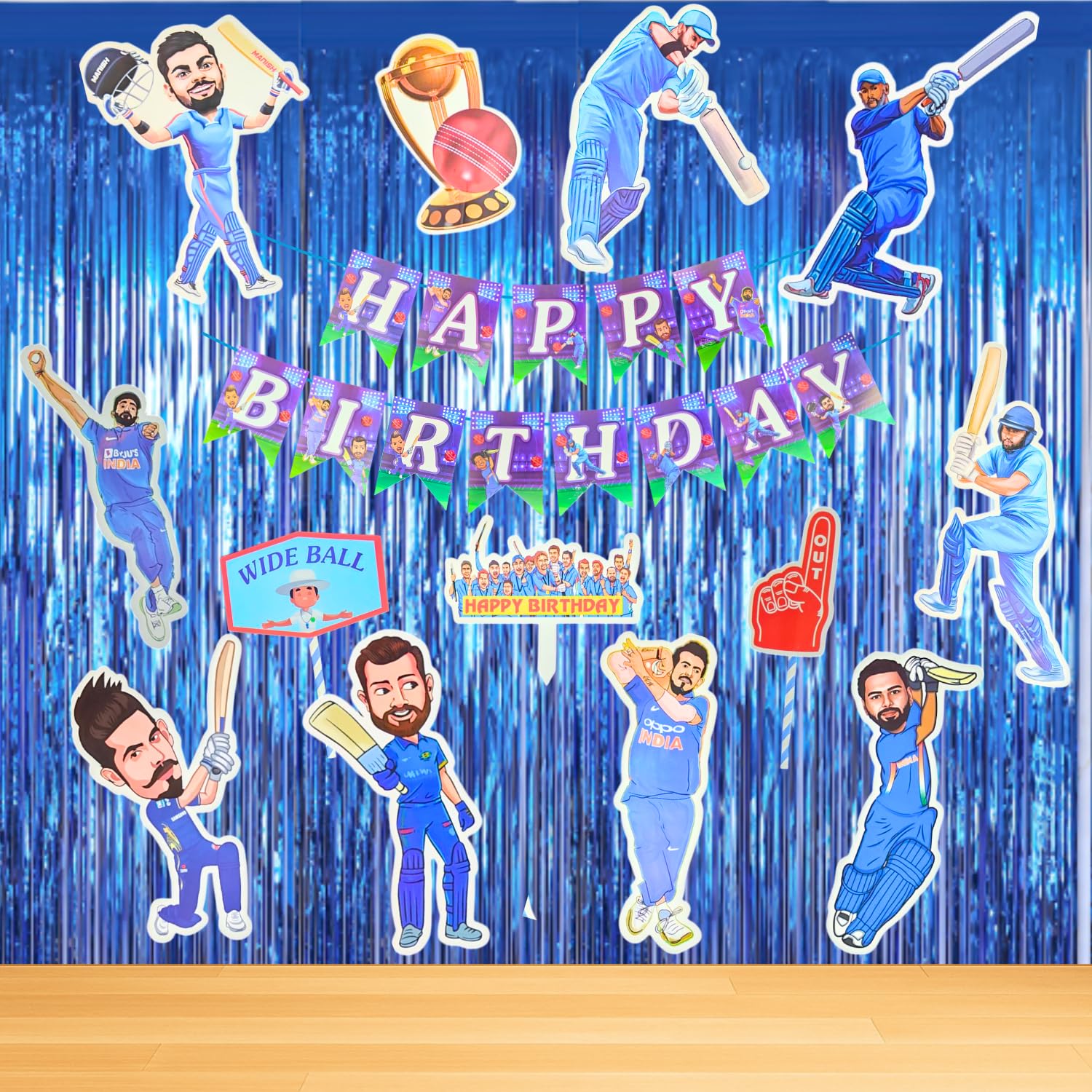 Party Decorz Cricket Theme Birthday Party Decoration Kit (15 Pieces) | Happy Birthday Banner, Cake Topper, 10 Cricket Player Cut