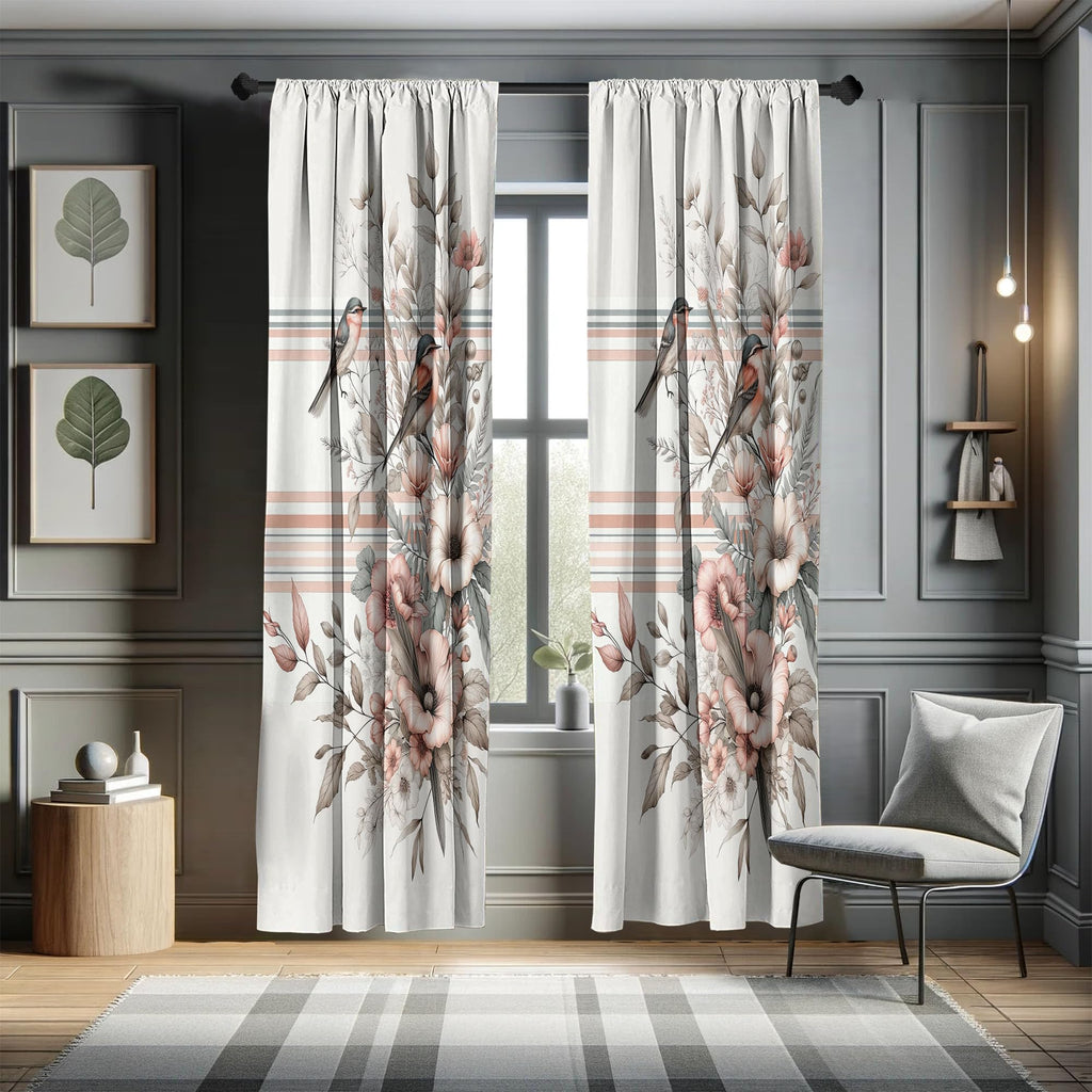 Ambesonne Birds And Nature Window Curtains Pack Of 2, Autumnal Composition Of Muted Leafy Floral With Sparrowbird, Lightweight S