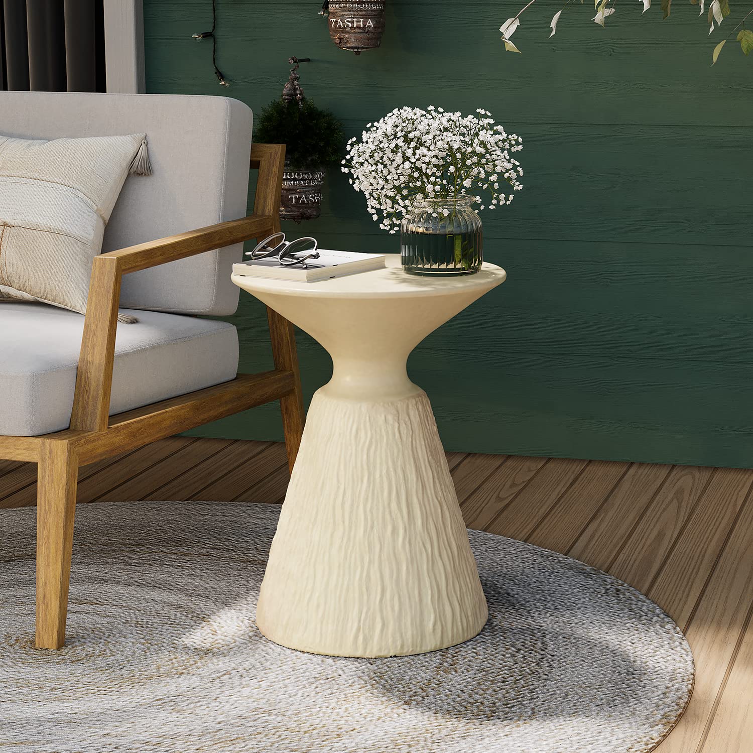 COSIEST Outdoor Side Table, Mushroom Shaped MgO Accent Table, Lightweight Patio End Table with Rotund Base, Round Top Plant Stan