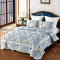 Vivilinen Blue Floral Patchwork Quilt Set, Full Queen Size, 3 Piece Bedding Set With 2 Pillowcases