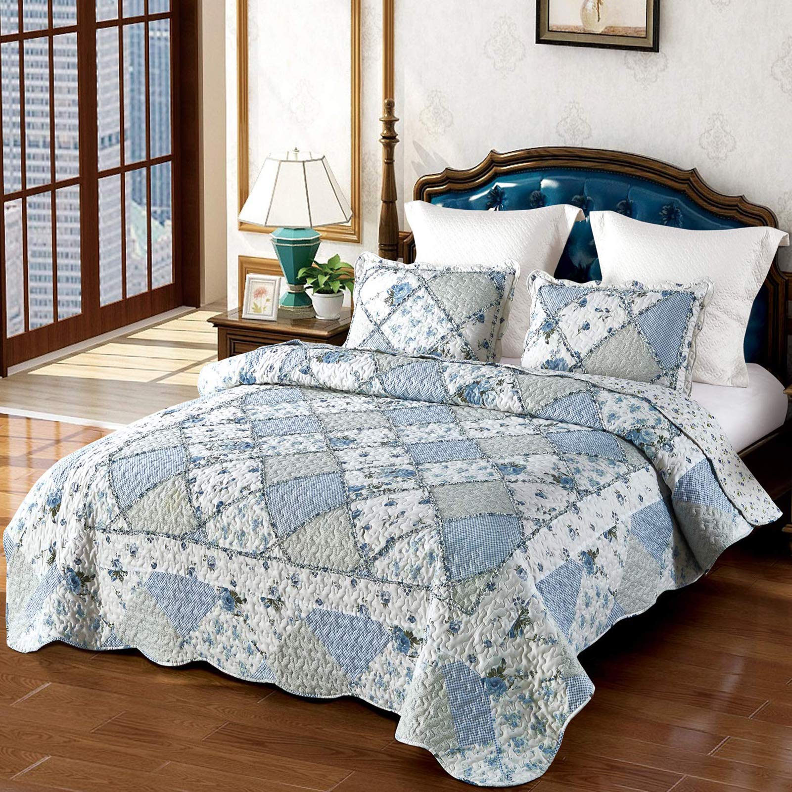 Vivilinen Blue Floral Patchwork Quilt Set, Full Queen Size, 3 Piece Bedding Set With 2 Pillowcases