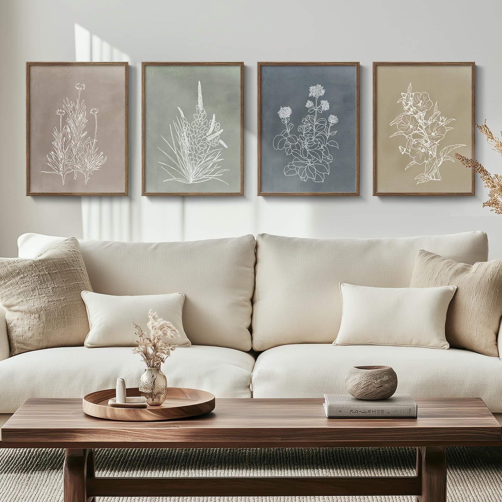 Boho Framed Botanical Wall Art for Living Room, Set of 4 Rustic Flower Canvas Paintings ArtWork for Walls, 4 Piece Vintage Minim