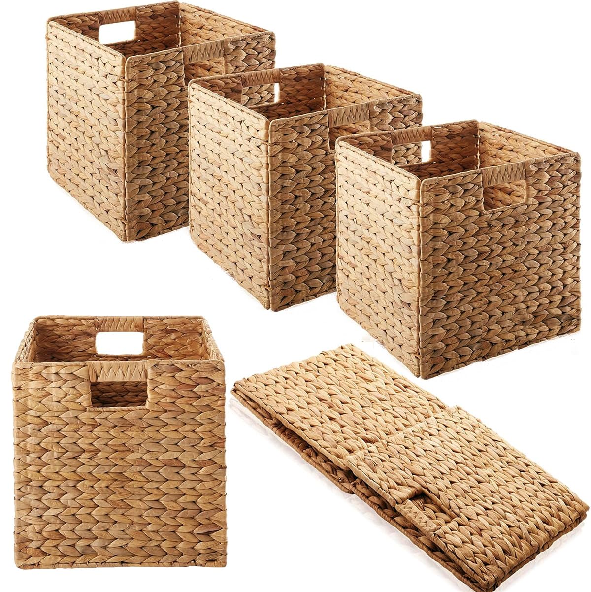 5Pack Woven Shelf Baskets, 10.5 Water Hyacinth Handmade Open Storage Bins, Light Brown Pantry Baskets Organization Basket Fold