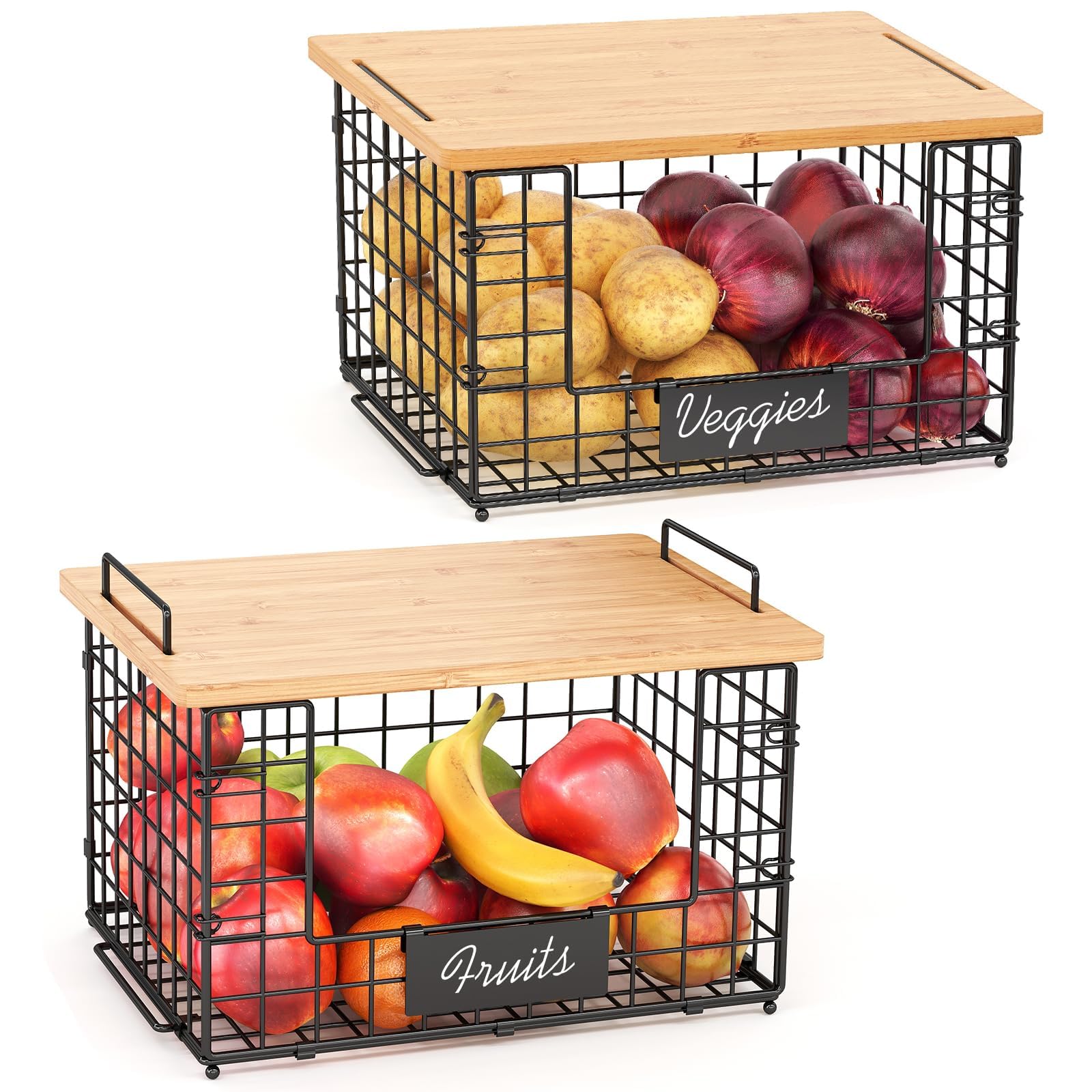Keomaisyto 2 Pack Stackable Wire Baskets With Bamboo Top For Pantry Organizers And Storage, Kitchen Organization Counter Basket