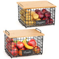 Keomaisyto 2 Pack Stackable Wire Baskets With Bamboo Top For Pantry Organizers And Storage, Kitchen Organization Counter Basket
