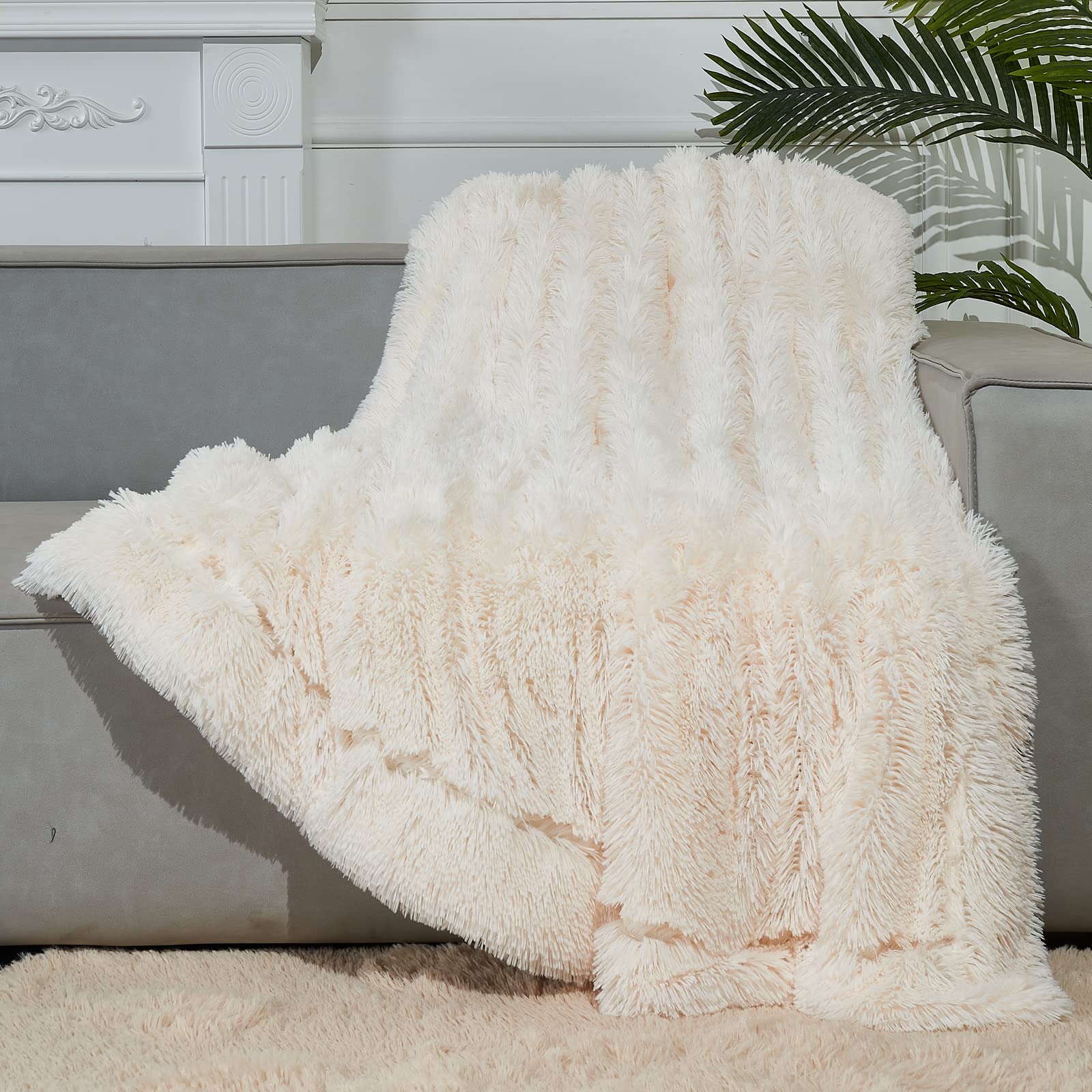 Gonaap Fuzzy Faux Fur Throw Blanket Ivory Super Soft Cozy Plush Fuzzy Shaggy Blanket For Couch Sofa Bed (Ivory, Throw(40'X50')