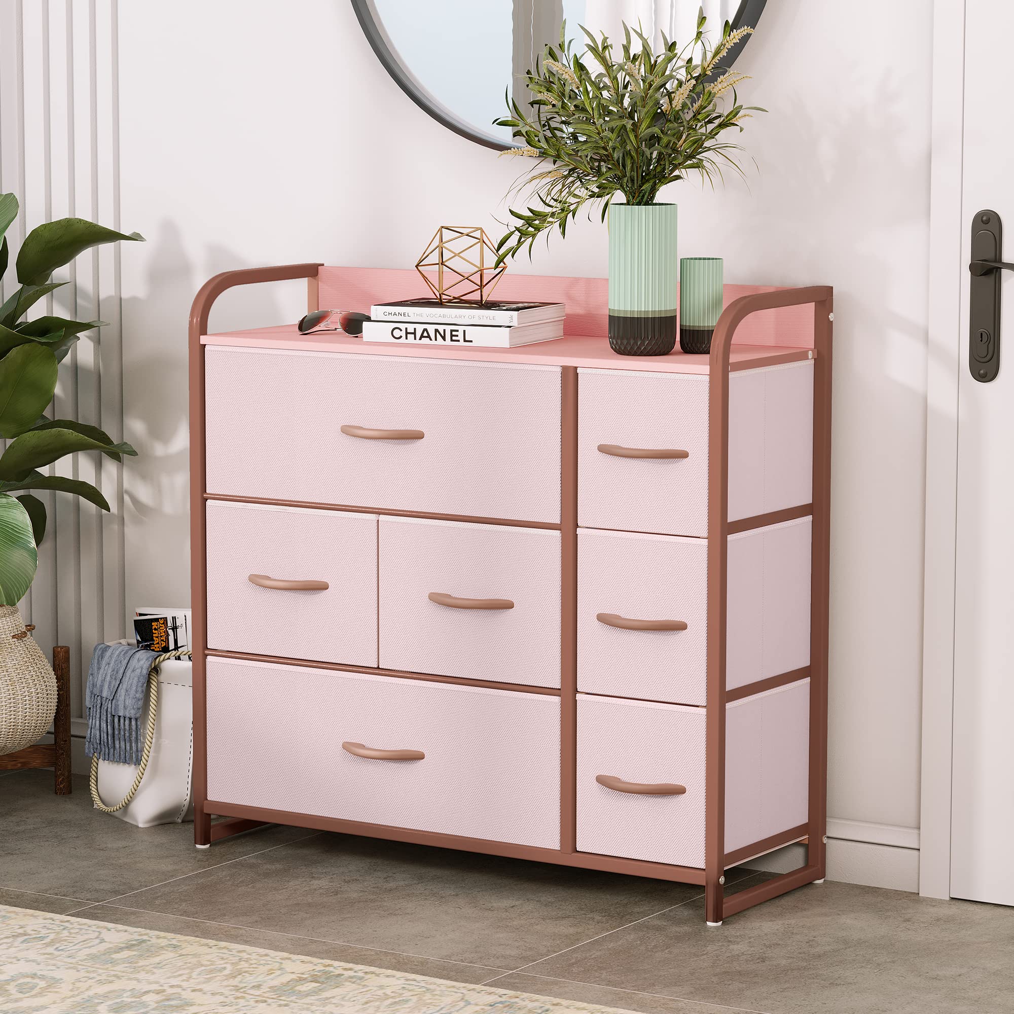 Yitahome Dresser With 7 Drawers - Fabric Storage Tower, Organizer Unit For Bedroom, Living Room, Hallway, Closets - Sturdy Steel Frame, Wooden Top & Easy Pull Fabric Bins, Pink