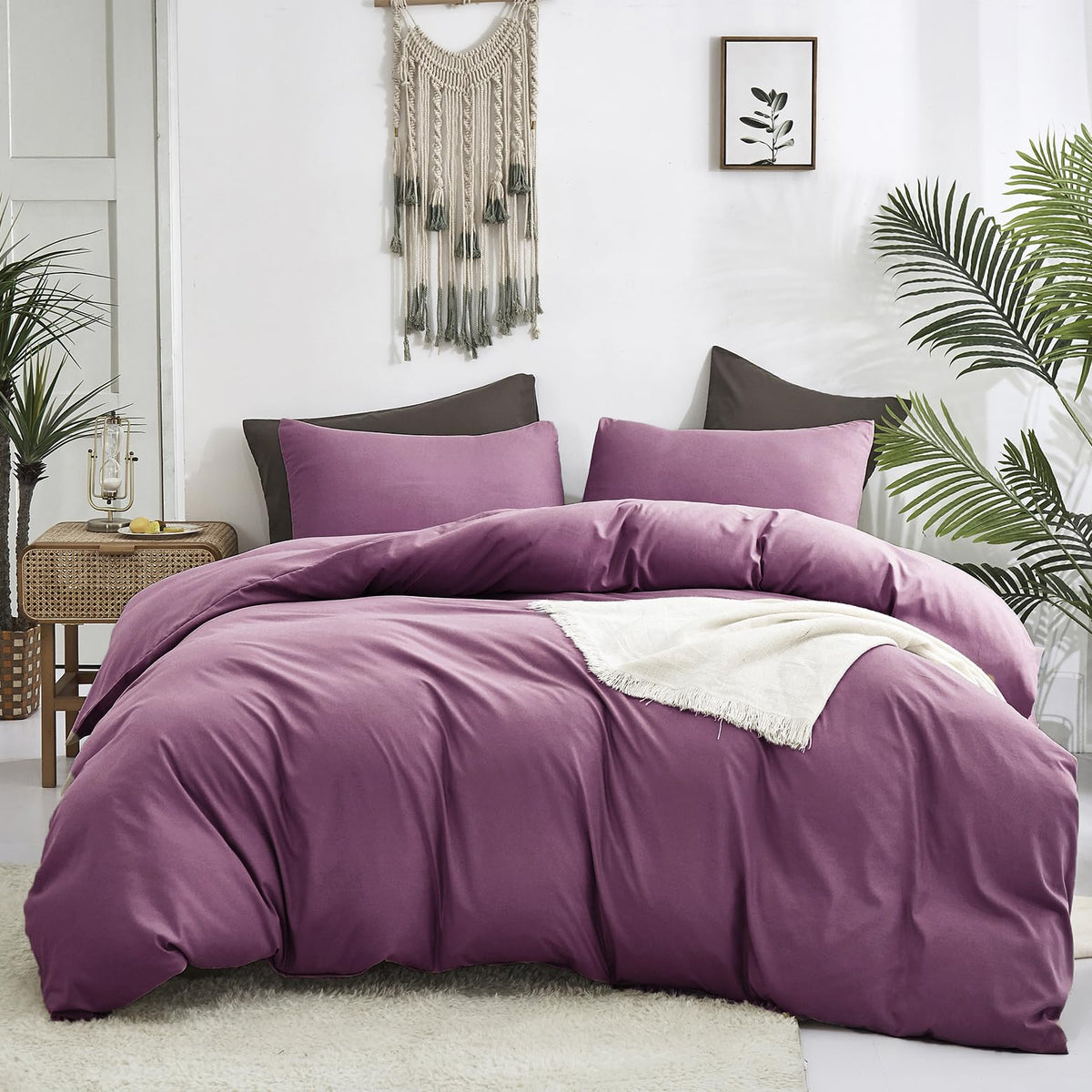 Luxlovery Purple Comforter Set Queen Pale Mauve Bedding Comforter Set Full Modern Solid Cotton Lilac Dusty Purple Blanket Soft B