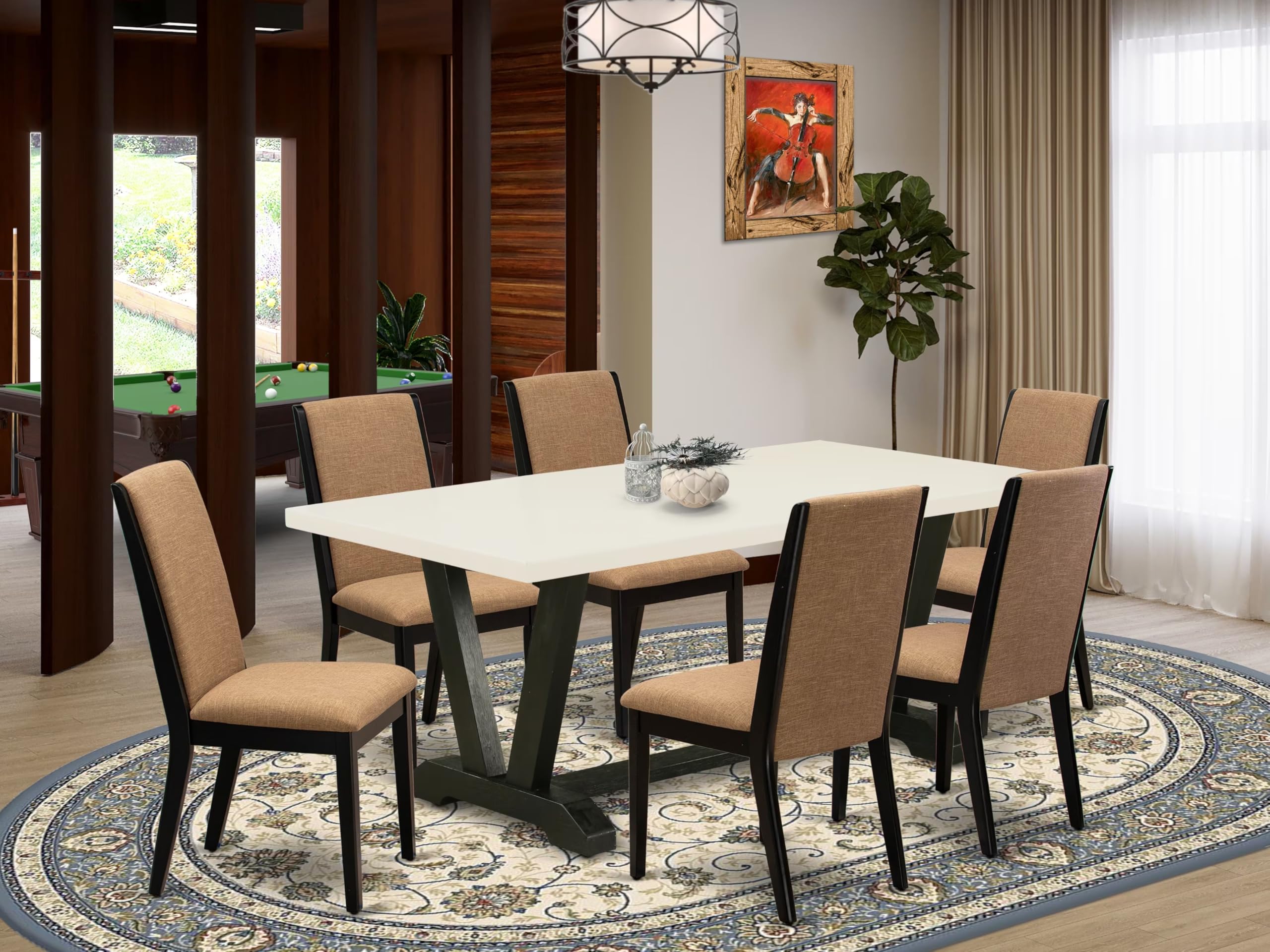 East West Furniture V627La147-7 7 Piece Modern Dining Table Set Consist Of A Rectangle Wooden Table With V-Legs And 6 Light Sable Linen Fabric Upholstered Chairs, 40X72 Inch, Multi-Color