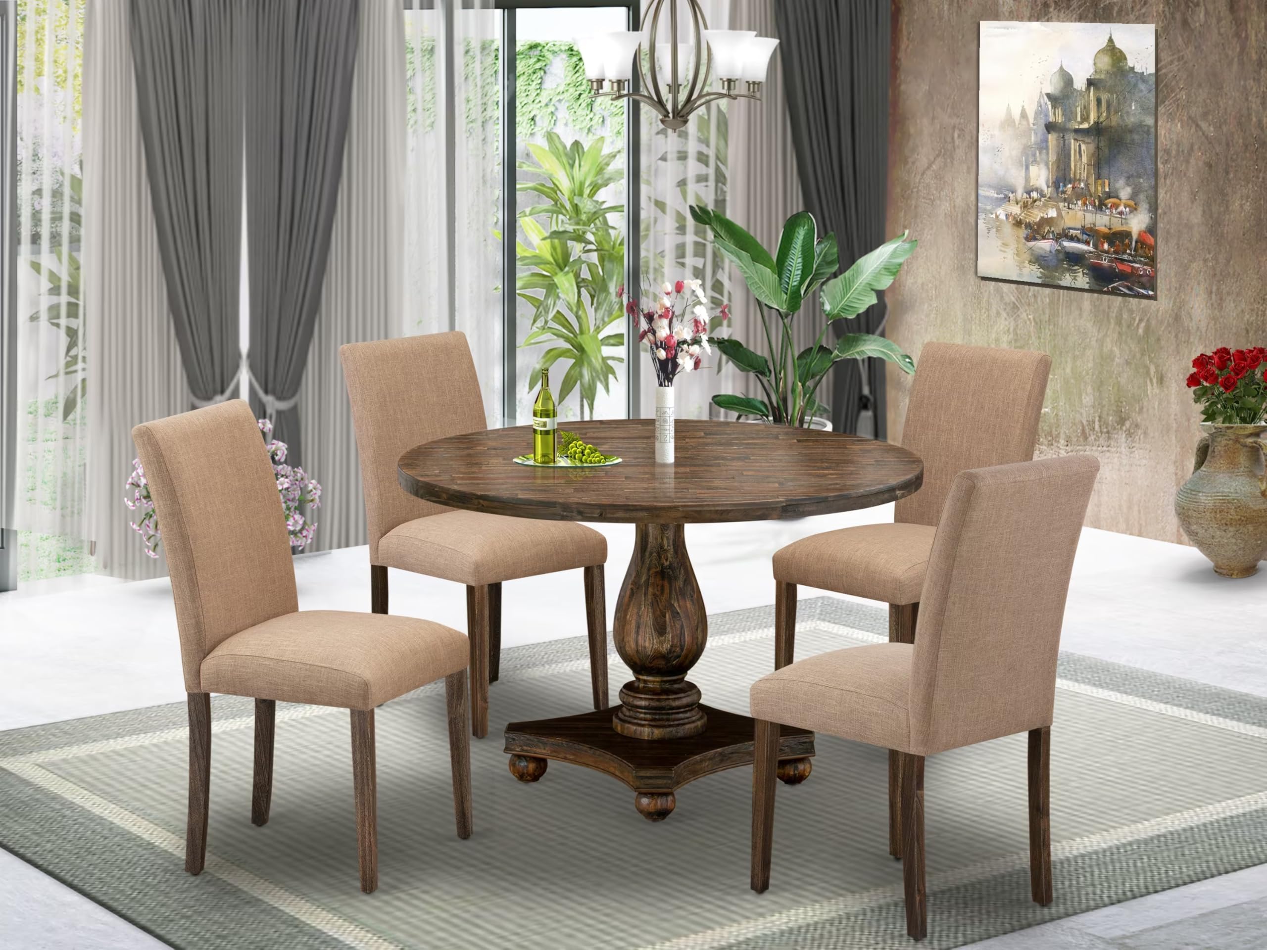 East West Furniture I2AB5-747 5 Piece Dining Table Set for 4 Includes a Round Kitchen Table with Pedestal and 4 Light Sable Linen Fabric Upholstered Chairs, 48x48 Inch, Distressed Jacobean