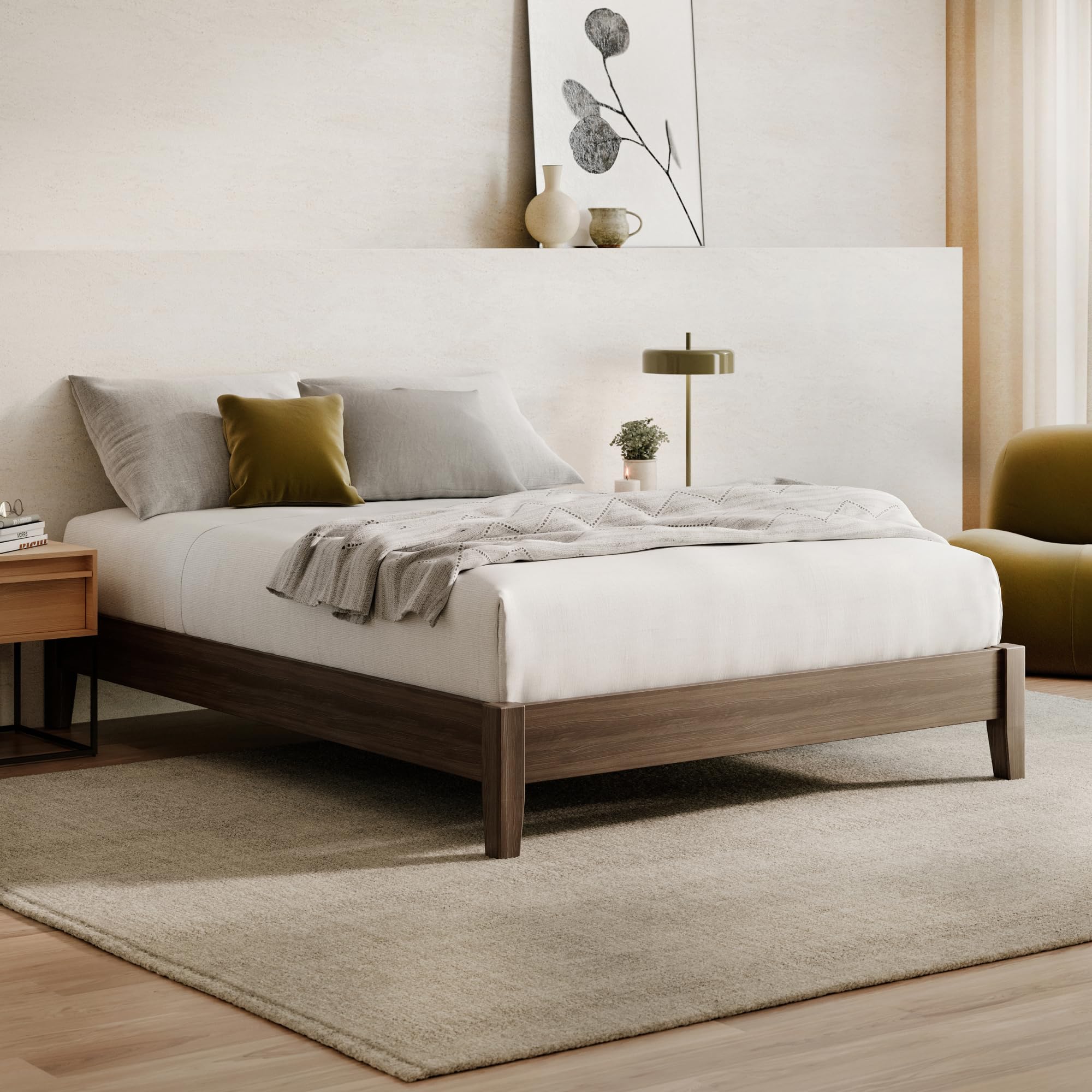 Nectar Premier Wood Platform King Bed Frame - Walnut - 12    Height - Contemporary and Durable - Sturdy Wooden Slats for Support