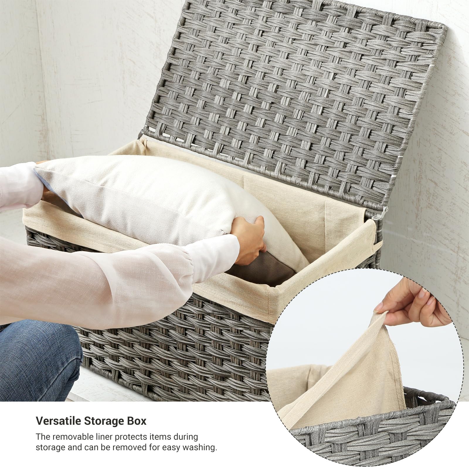 Songmics Storage Basket With Lid, 42.3 Gallon (160L) Storage Bin, Woven Blanket Storage Basket With Handles, Foldable, Removable