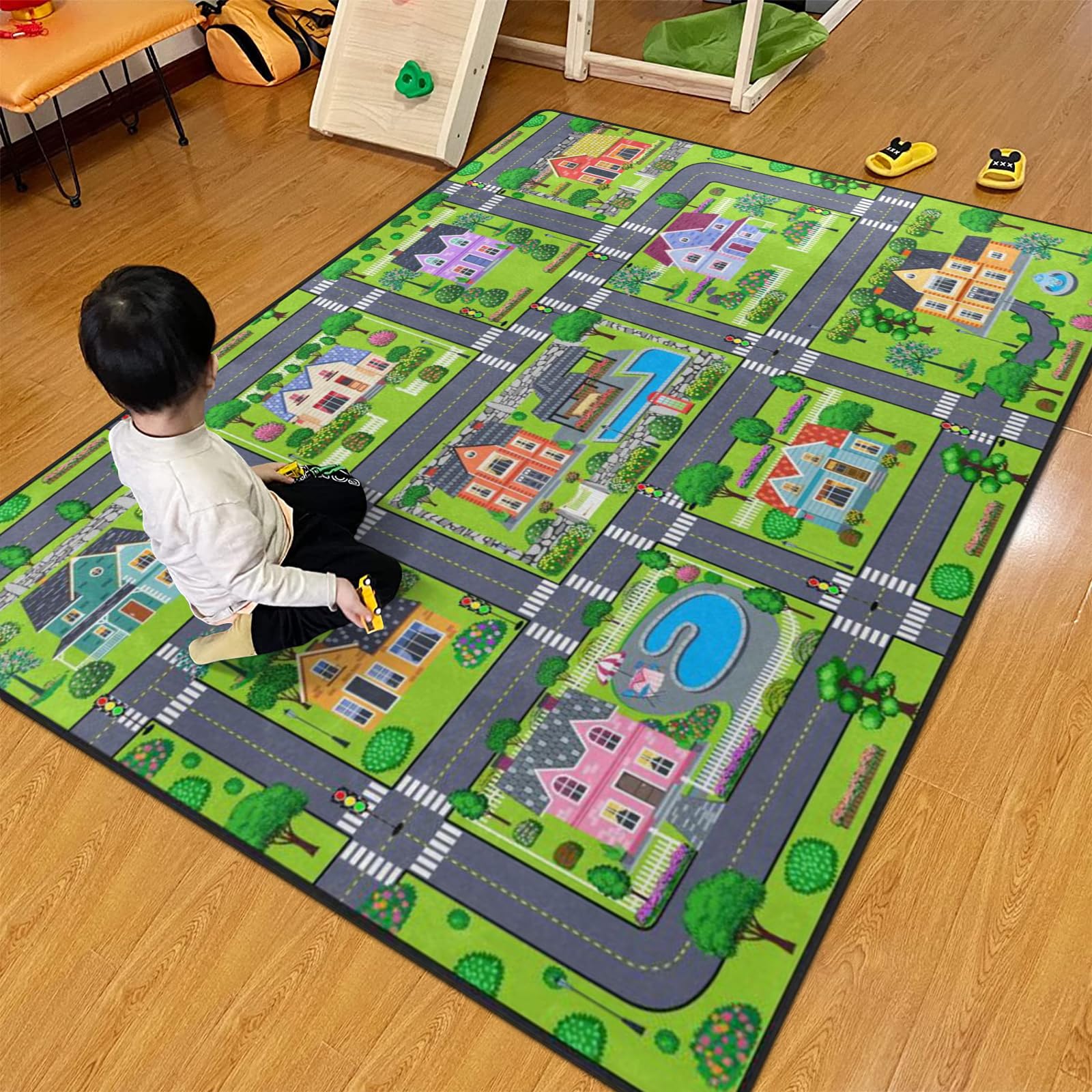 Kids Rug, Village Road Playmat Rugs - 5X7 Ft Kids Carpet With Rubber Backing, Cartoon American Style Village Theme House & Road