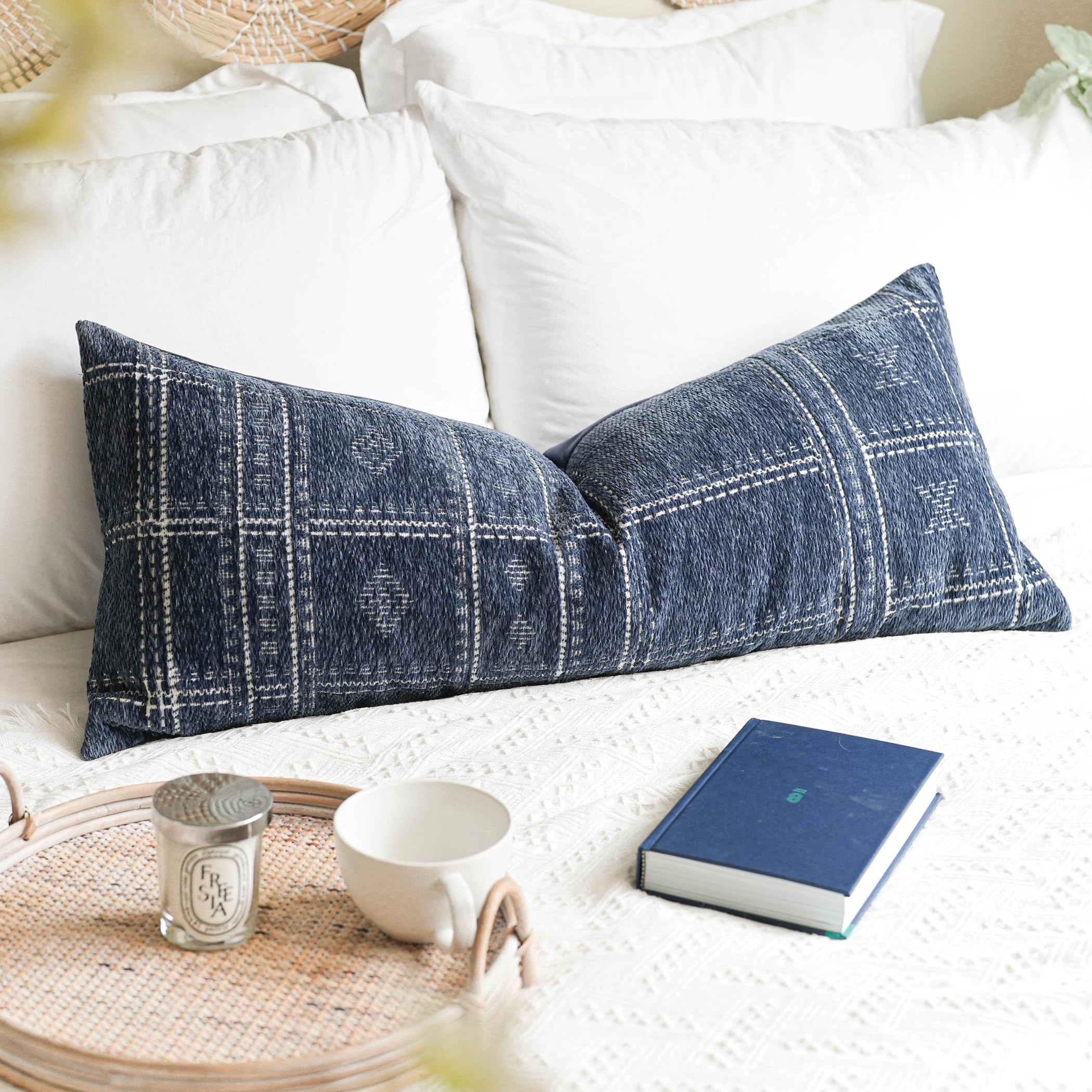 Blissblush Dark Blue Boho Lumbar Throw Pillow Cover 14X36, Decorative Long Accent Body Lumbar Pillow For Bed, Farmhouse Woven Te