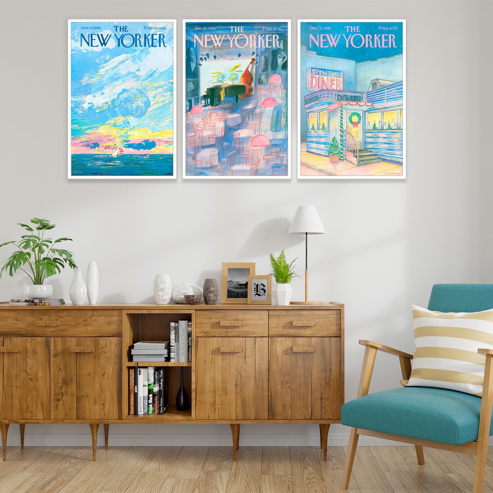 Dfaiuy Set Of 3 New Yorker Magazine Posters Modern Home Canvas Wall Art Retro Blue Minimalist Prints Painting Sunrise Sunset Sea
