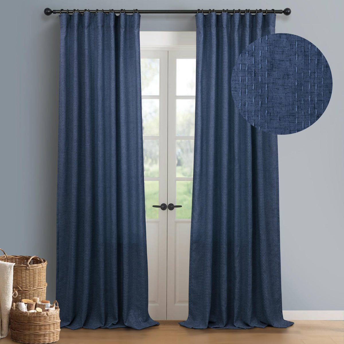 Navy Blue Patterned Curtains 84 Inch Length For Living Room 2 Panels Back Tab Pinch Pleated Pocket Linen Drapes Long Light Filte