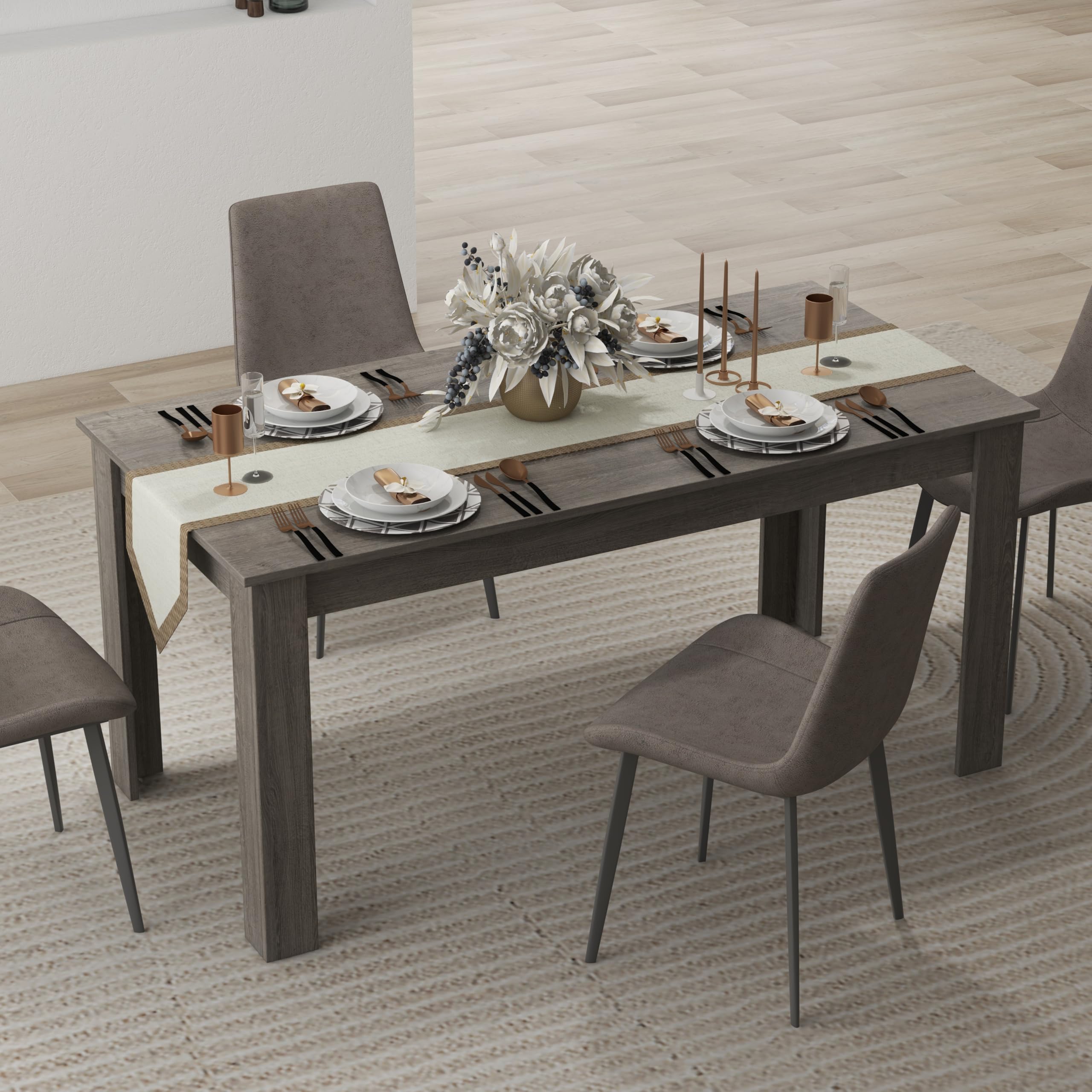 Moccha Wood Dining Table for 4-6 People, 63 Rectangle, Modern L-Shaped Legs, 330lbs Capacity, Farmhouse Dinette Table for Dining