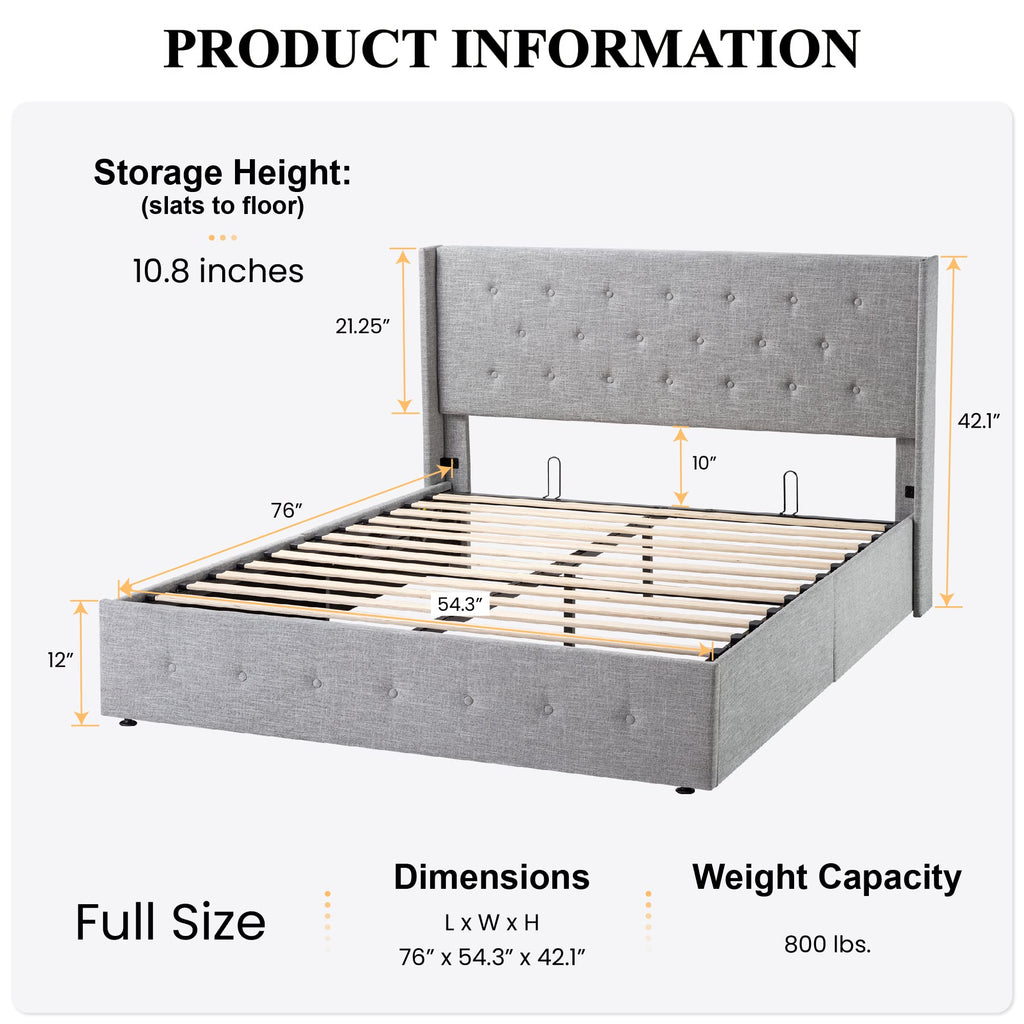 Sha Cerlin Full Size Lift Up Storage Bed/Button Tufted Wingback Headboard/Hydraulic Storage/Upholstered Platform Bed Frame/No Box Spring Needed/Wood Slats Support/Light Grey