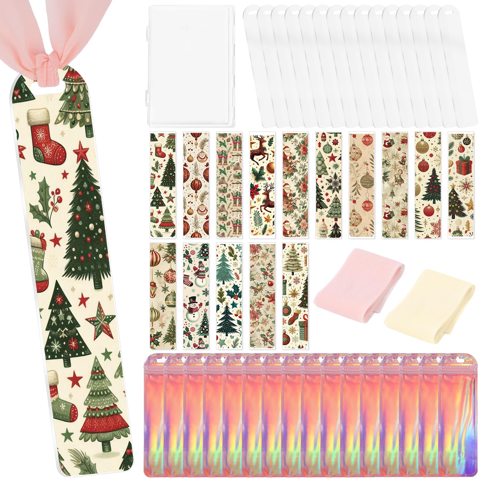 Shejdgart Acrylic Bookmark Making Kits - 60 Pcs Clear Acrylic Bookmark Blanks Set with Christmas Santa Snowman Double-Sided Prin