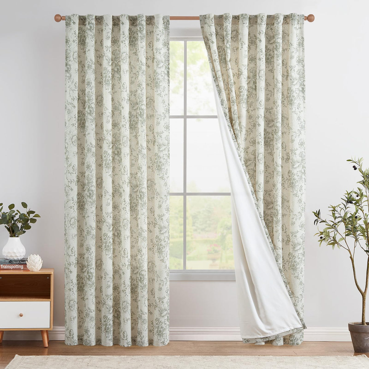Jinchan Lined Linen Curtains Floral Curtains For Living Room 108 Inches Long Green Peony Flower Printed Curtains Rod Pocket Back