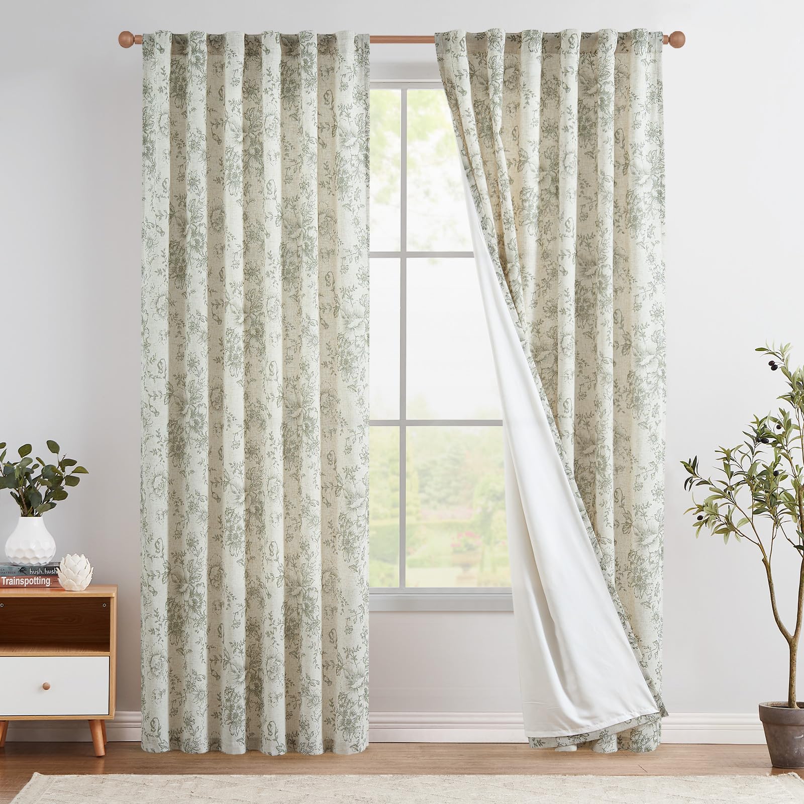Jinchan Lined Linen Curtains Floral Curtains For Living Room 90 Inches Long Green Peony Flower Printed Curtains Rod Pocket Back