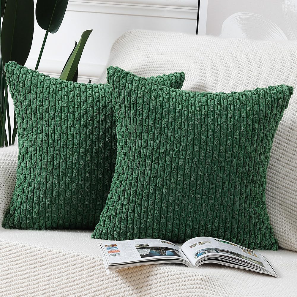 Madizz Pack Of 2 Boho Corduroy Striped Throw Pillow Covers 26X26 Inch Green Soft Decorative Cushion Cover For Bedroom Sofa Pillo