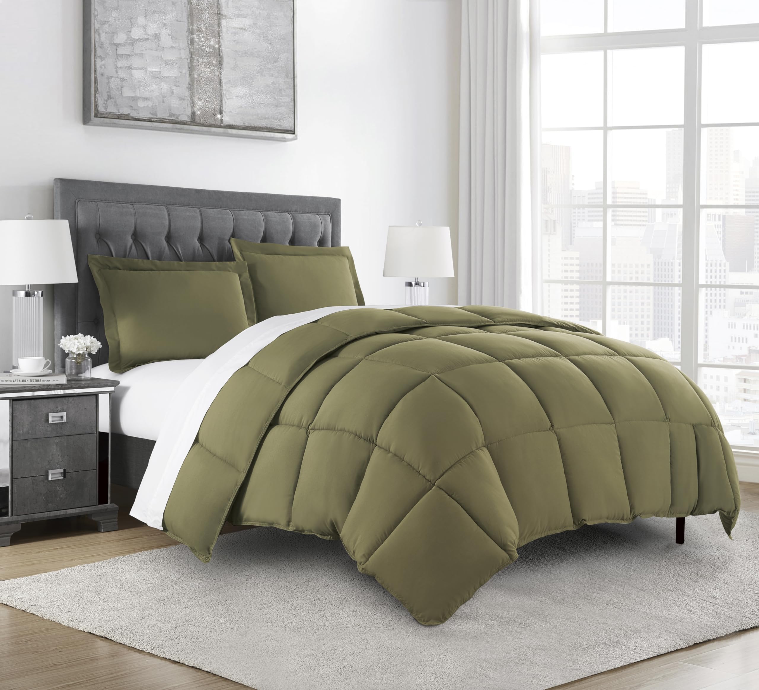Chezmoi Collection Olive Green Down Alternative Comforter Queen - 3-Piece Lightweight Comforter Set - All Seasons Microfiber Com