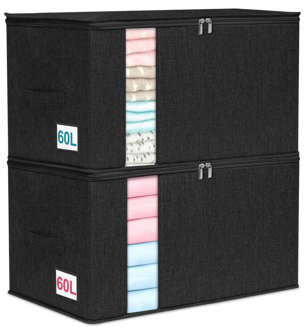 punemi 60L Comforter Storage Bags with Side & Bottom Support, 2 Pack, Black