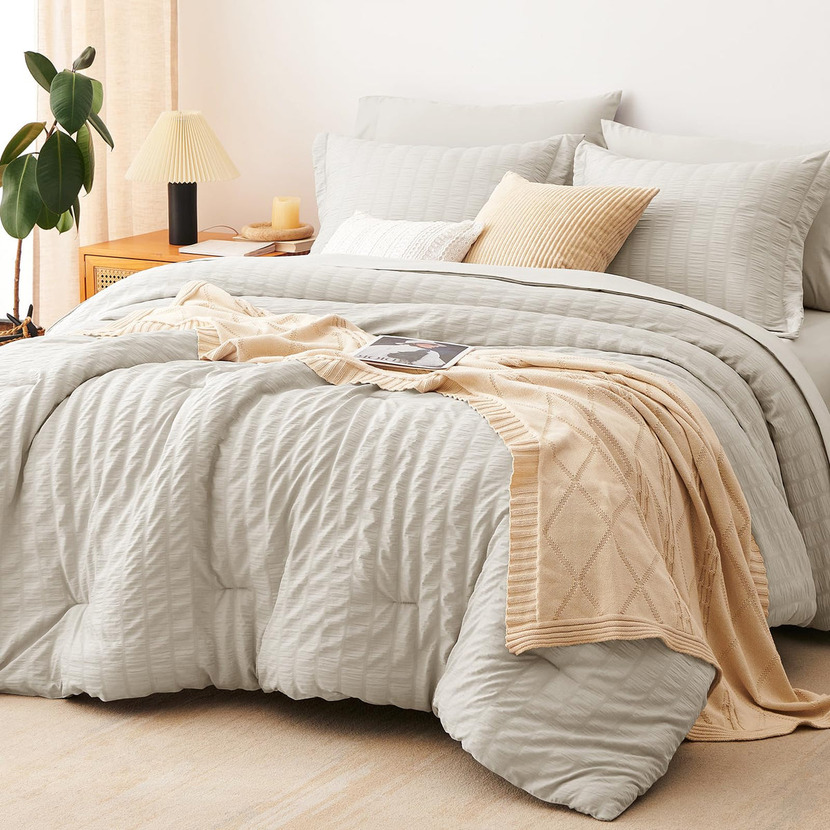 Cozylux King Seersucker Comforter Set With Sheets Beige Bed In A Bag 7-Pieces All Season Bedding Sets With Comforter, Pillow Sham, Flat Sheet, Fitted Sheet, Pillowcase