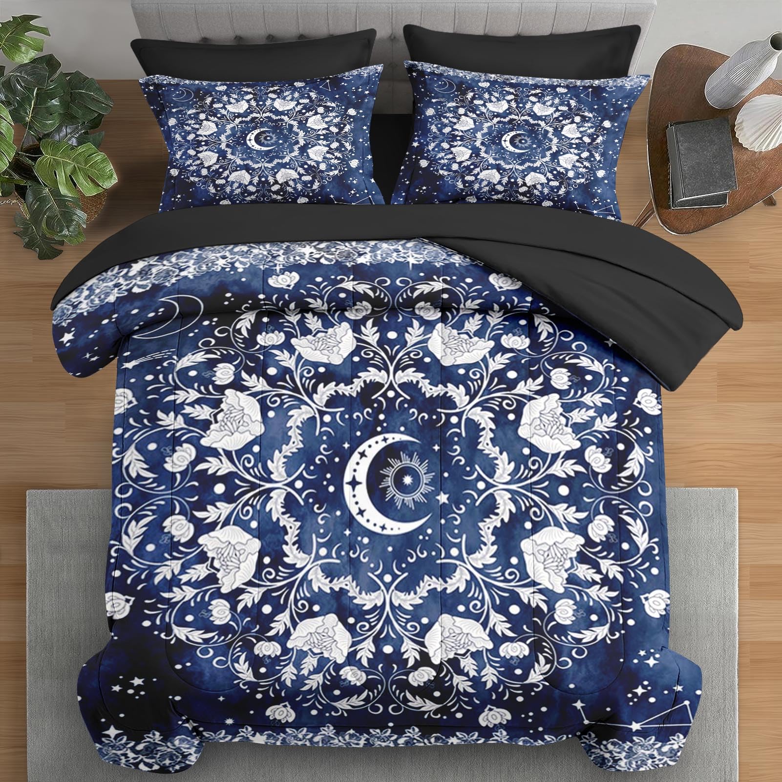 Pamnest 5 Pcs Comforter Set Twin Size, Astrology Sun Moon Bedding Set For Kids And Adults, Blue Starry Flower Bed Sheet Sets Wit