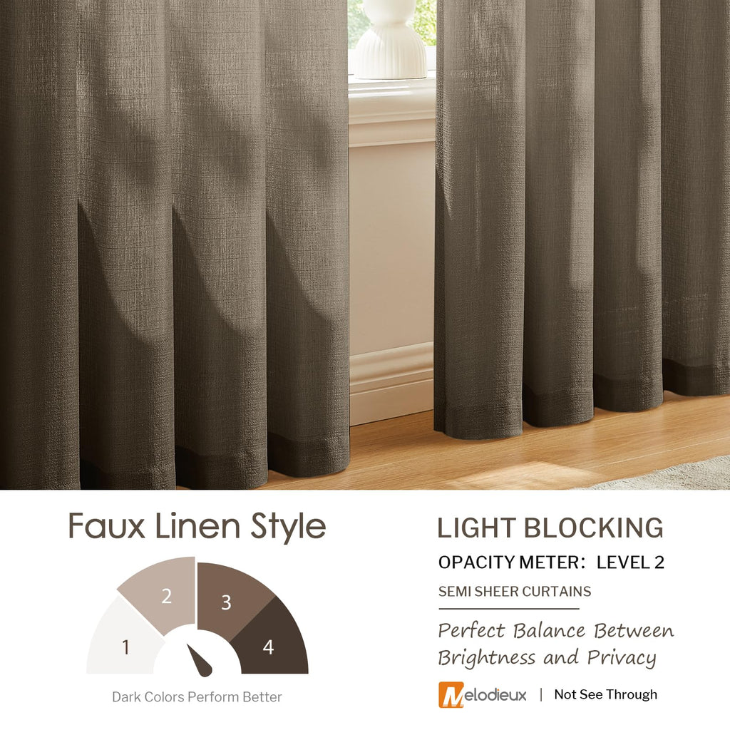 Melodieux Brown Semi Sheer Curtains 72 Inches Long For Bedroom, Living Room Linen Look Privacy Window Rod Pocket Sheer Drapes, 5