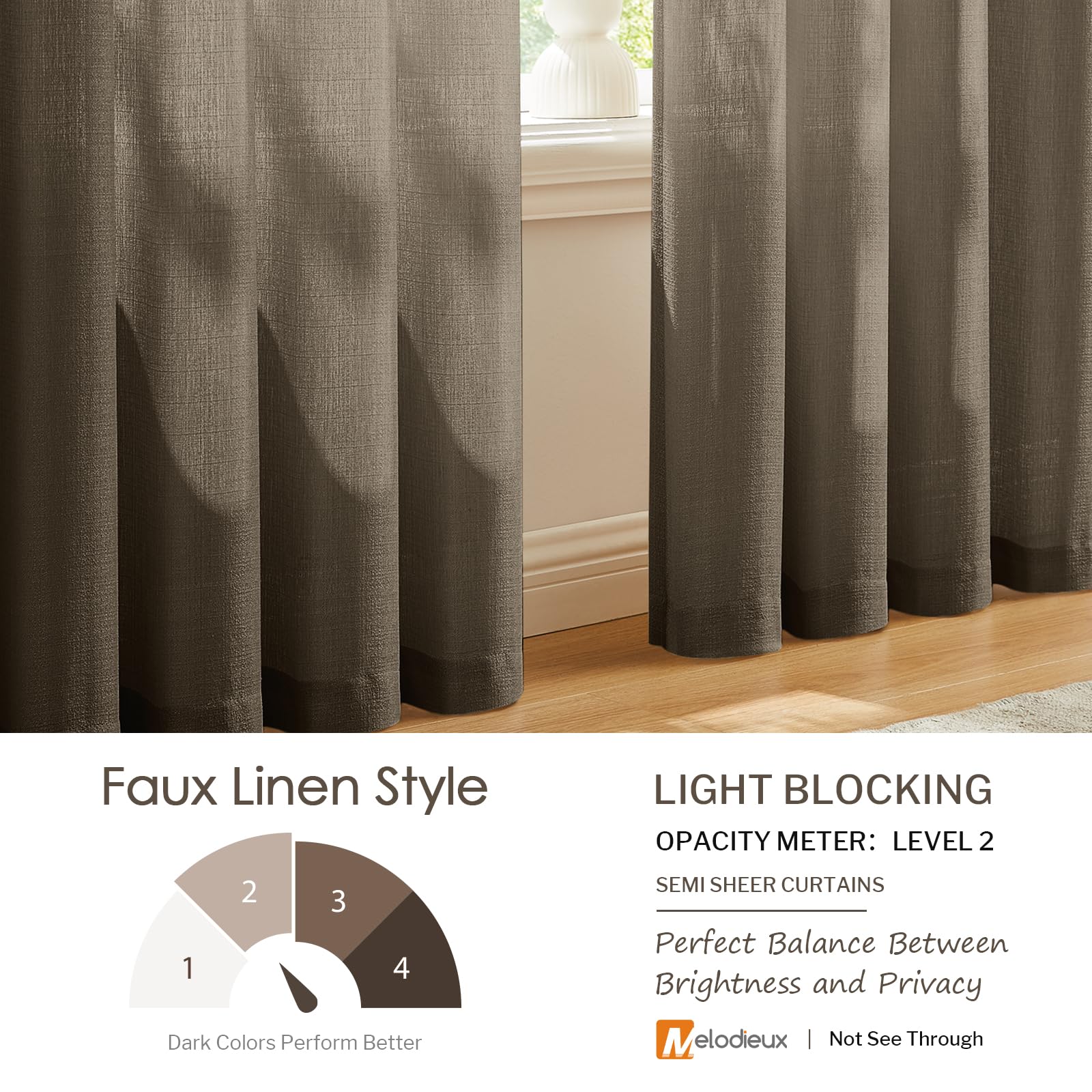 Melodieux Brown Semi Sheer Curtains 72 Inches Long For Bedroom, Living Room Linen Look Privacy Window Rod Pocket Sheer Drapes, 5