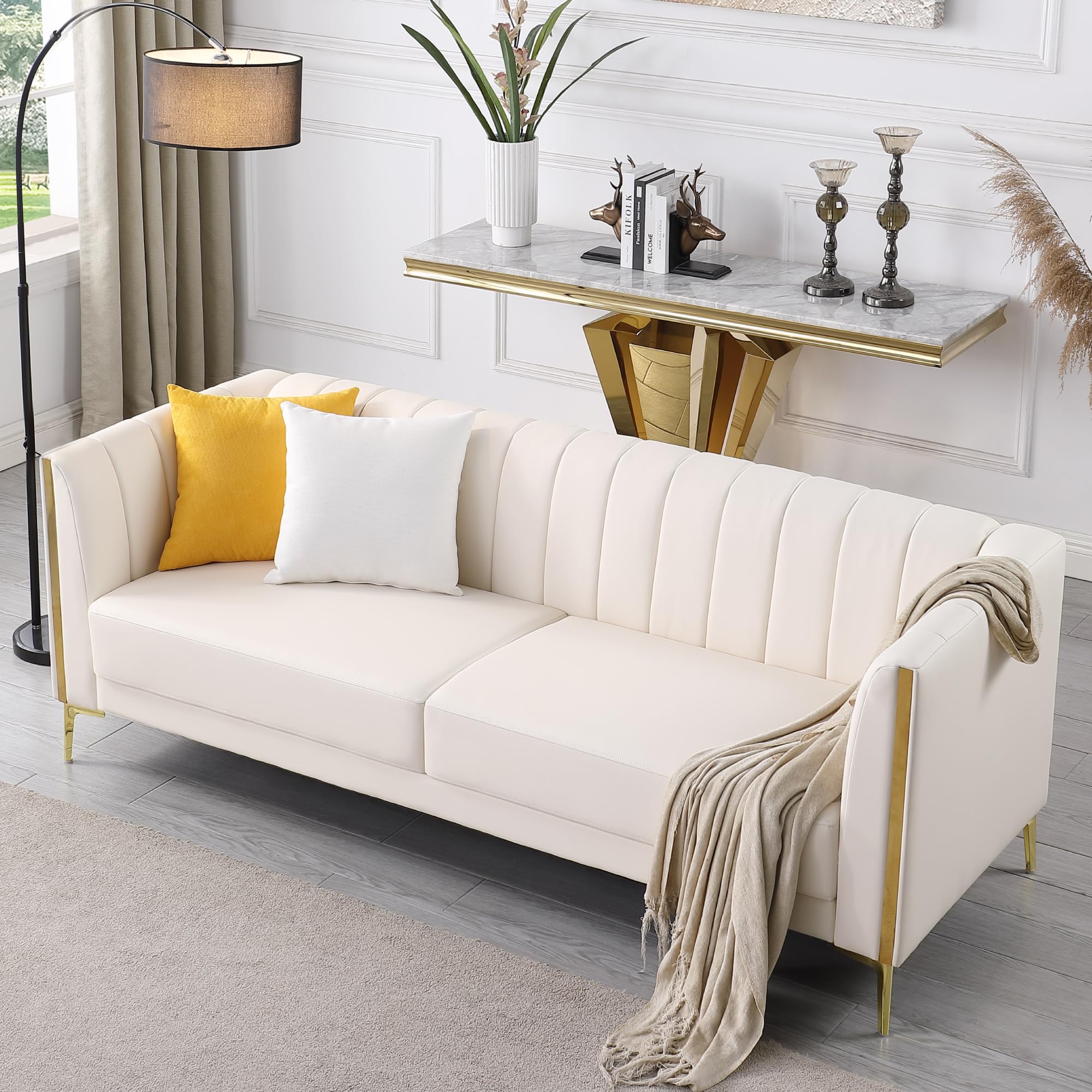 FOTOSOK 78   Sofa, Modern White Couches for Living Room with 2 Throw Pillows, Comfy Faux Leather Sofa 3 Seater Couch with Gold