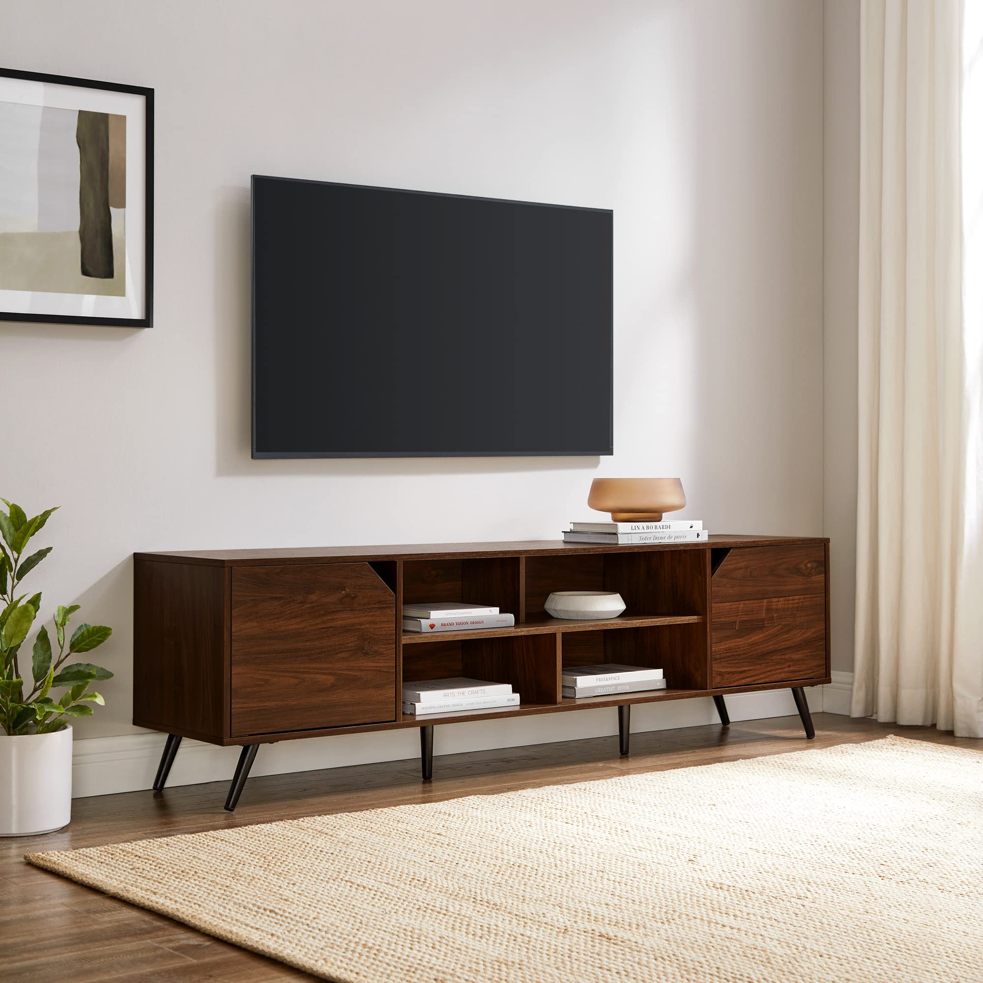 Walker Edison Nora Modern Minimal Open-Shelf Tv Stand For Tvs Up To 80 Inches, 70 Inch, Dark Walnut