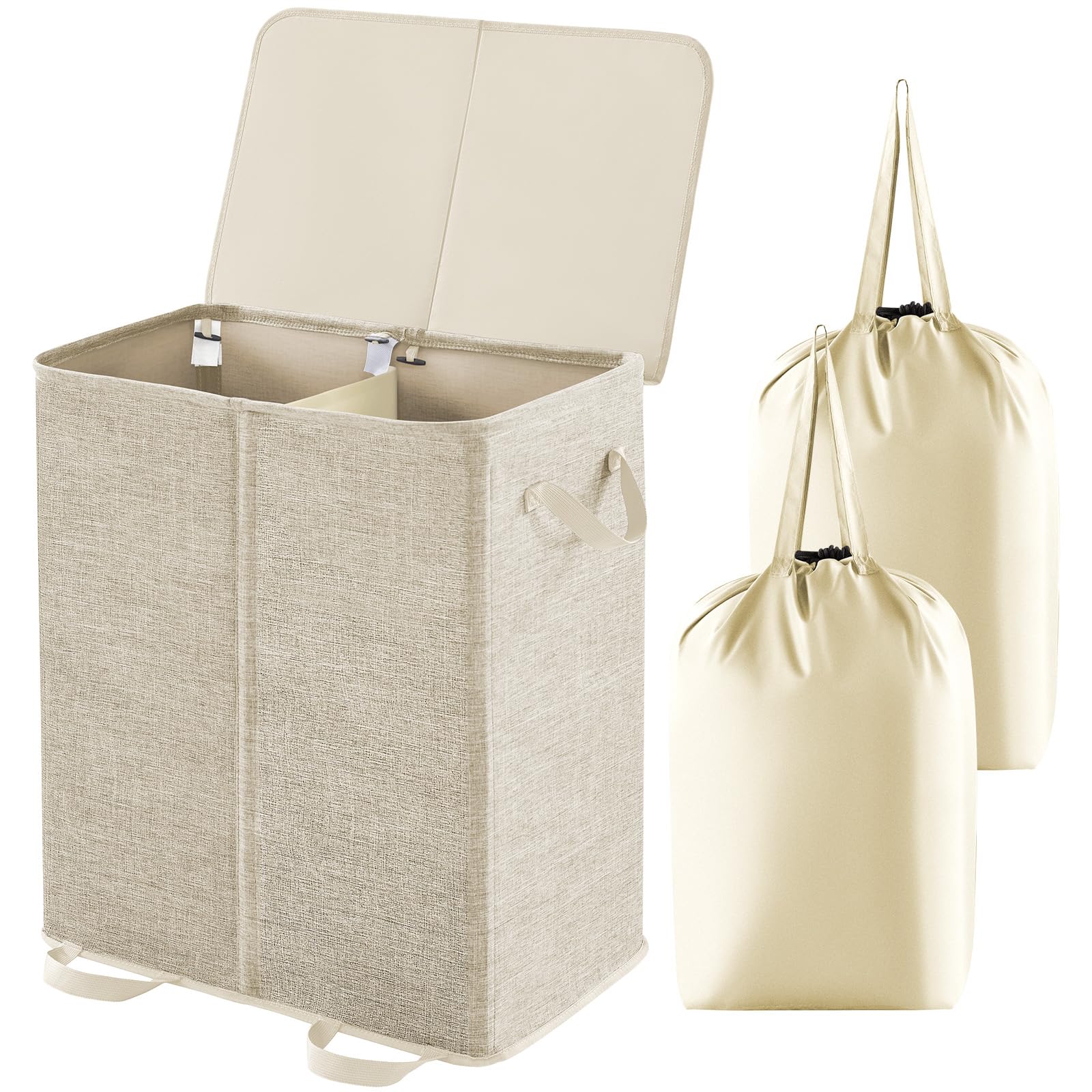 Lifewit Double Laundry Hamper with Lid and Removable Laundry Bags, Large Collapsible 2 Dividers Dirty Clothes Basket with Handle