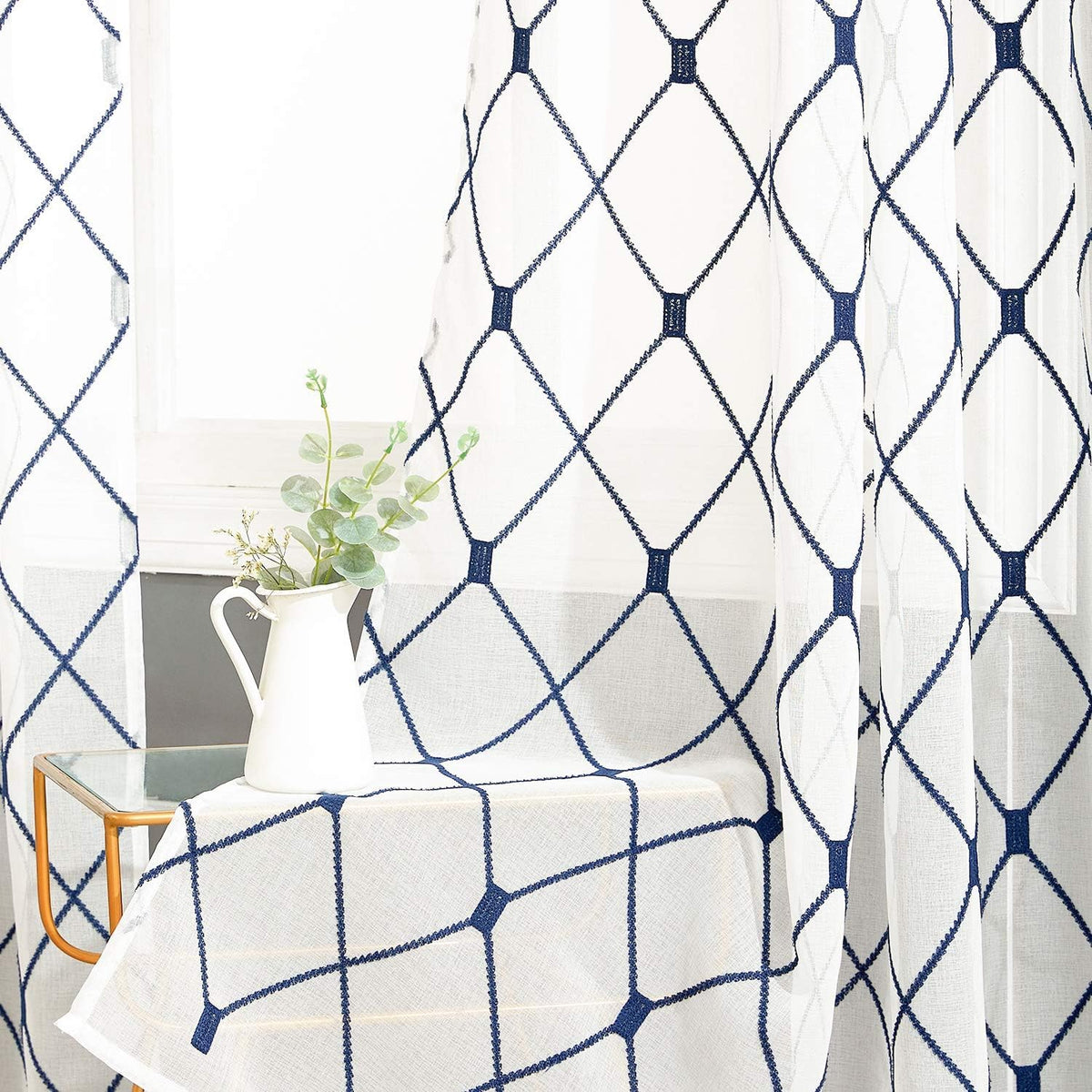 Top Finel White Sheer Curtains 92 Inch Length Navy Blue Embroidered Diamond Grommet Window Curtains For Living Room Bedroom Aest
