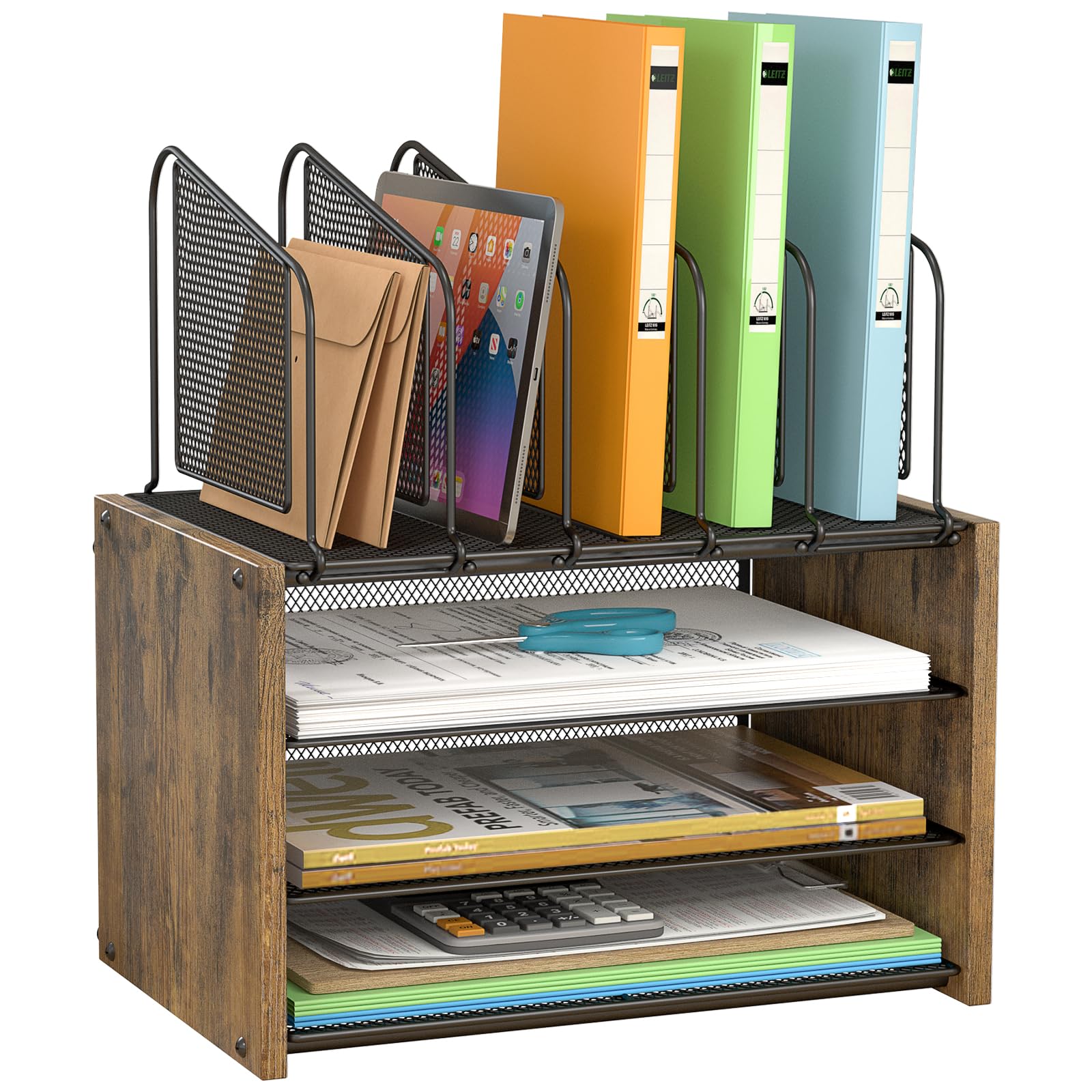 4-Tier Desk Organizer, Desk File Organizer with 5 Vertical File Holders, Office Desktop Organizer with 3 Level Paper Organizer L