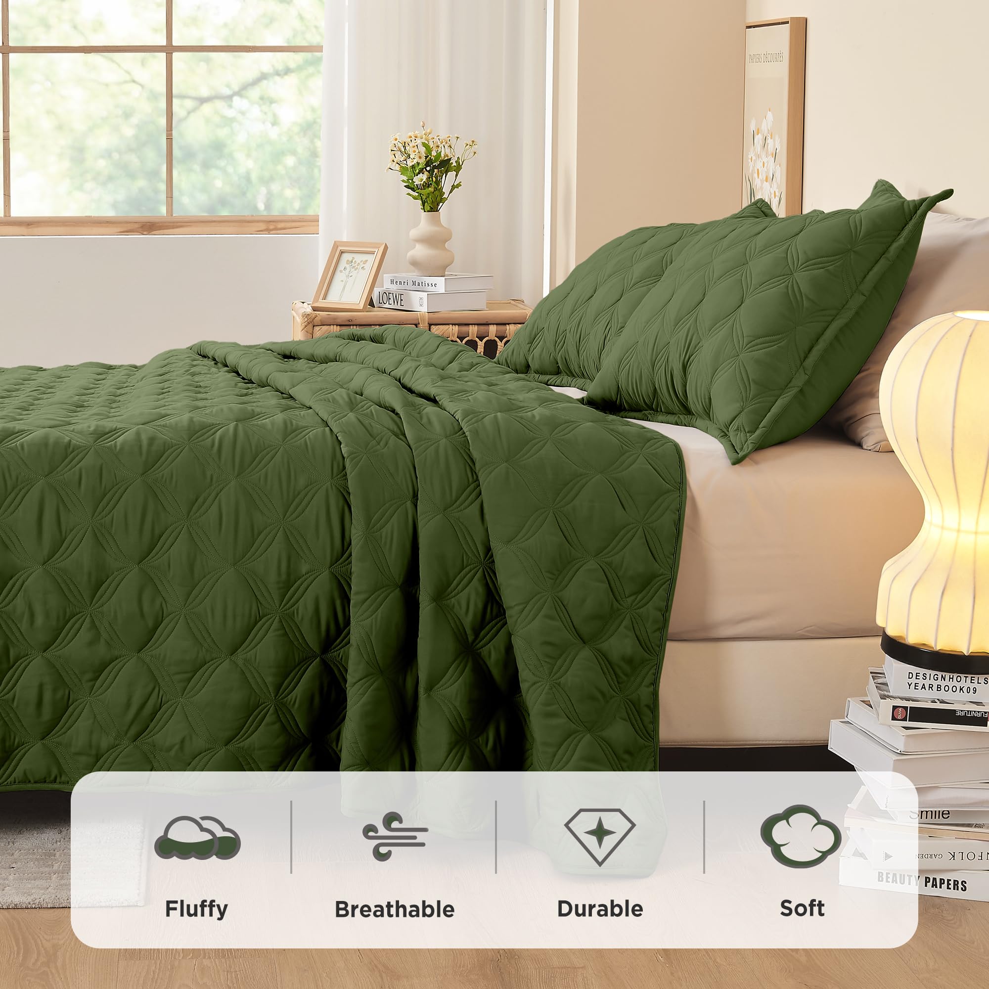 Litanika King Size Quilt Bedding Set, Olive Green Summer Lightweight Soft Comforter Bedspreads & Coverlets, Boho Farmhouse Beddi