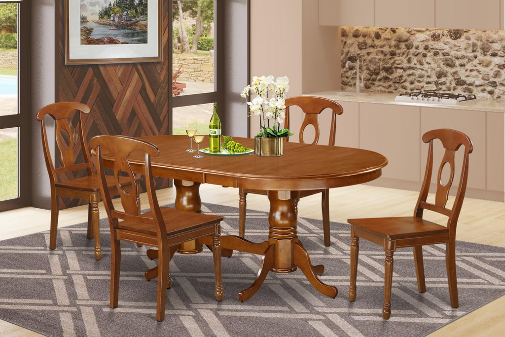 East West Furniture PLNA5-SBR-W 5 Piece Dining Set Includes an Oval Dining Room Table with Butterfly Leaf and 4 Wood Seat Chairs, 42x78 Inch, Saddle Brown