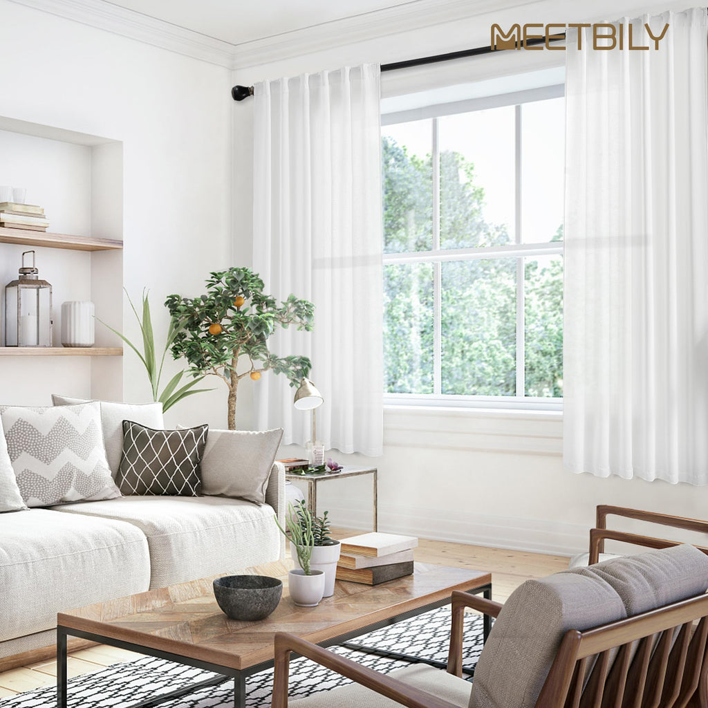 Meetbily White Linen Curtains 63 Inch Length For Living Room 2 Panels Back Tab Pocket Modern Farmhouse Semi Sheer Light Filterin