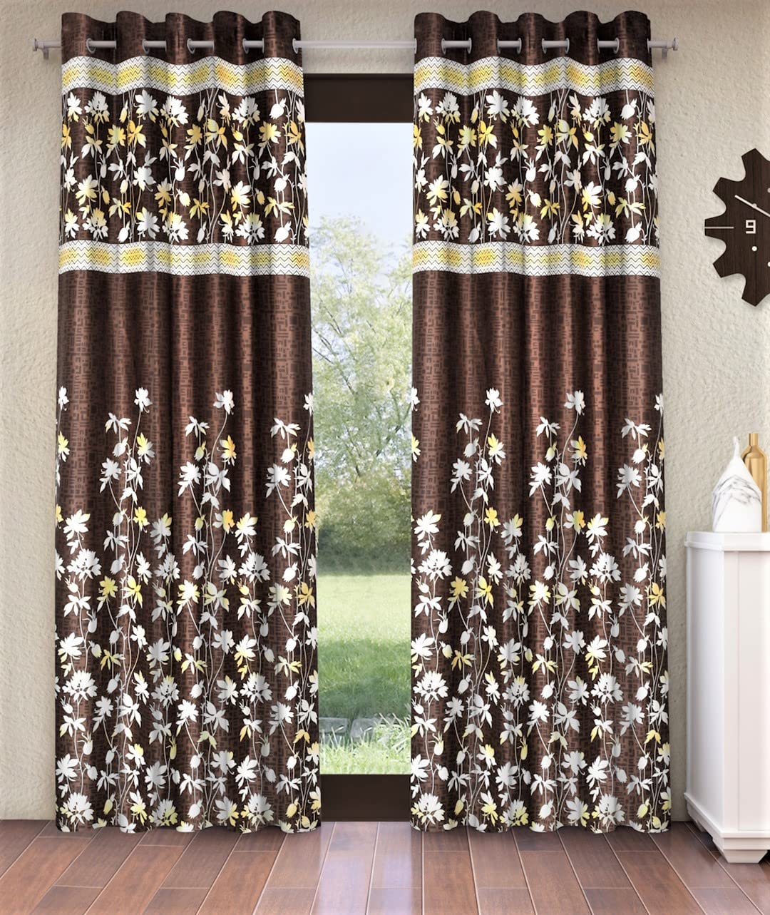 Home Sizzler 2 Piece Flower Border Panel Eyelet Polyester Door Curtains  7 Feet, Brown