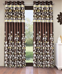 Home Sizzler 2 Piece Flower Border Panel Eyelet Polyester Window Curtains  5 Feet, Brown