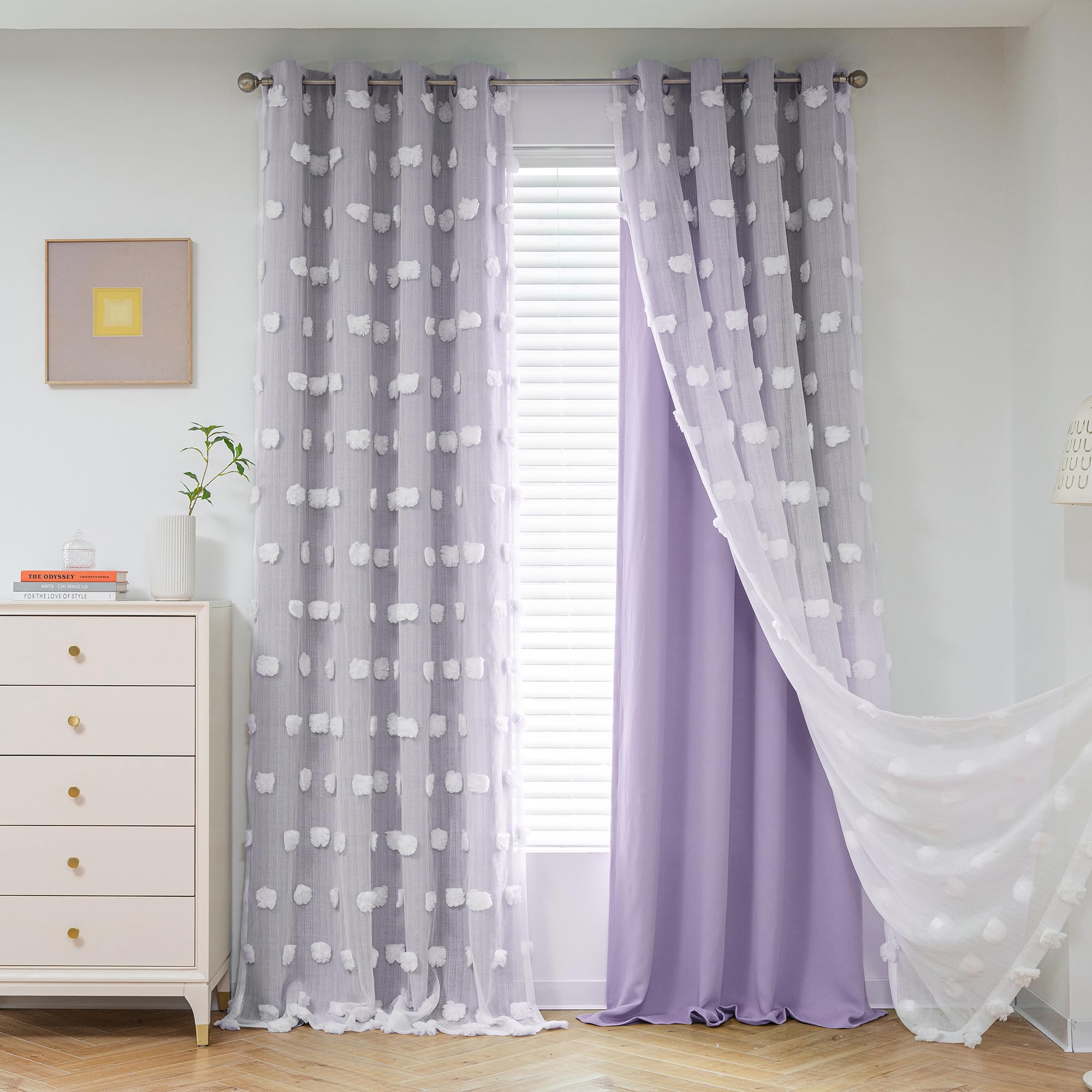 Mysky Home Girls Curtains For Bedroom Lilac Curtains 90 Inches Long Nursery Curtains White Pom Pom Sheer Curtains For Dining Room Grommet Double Layer Toddler Room Darkening Window Panels W52 X L90