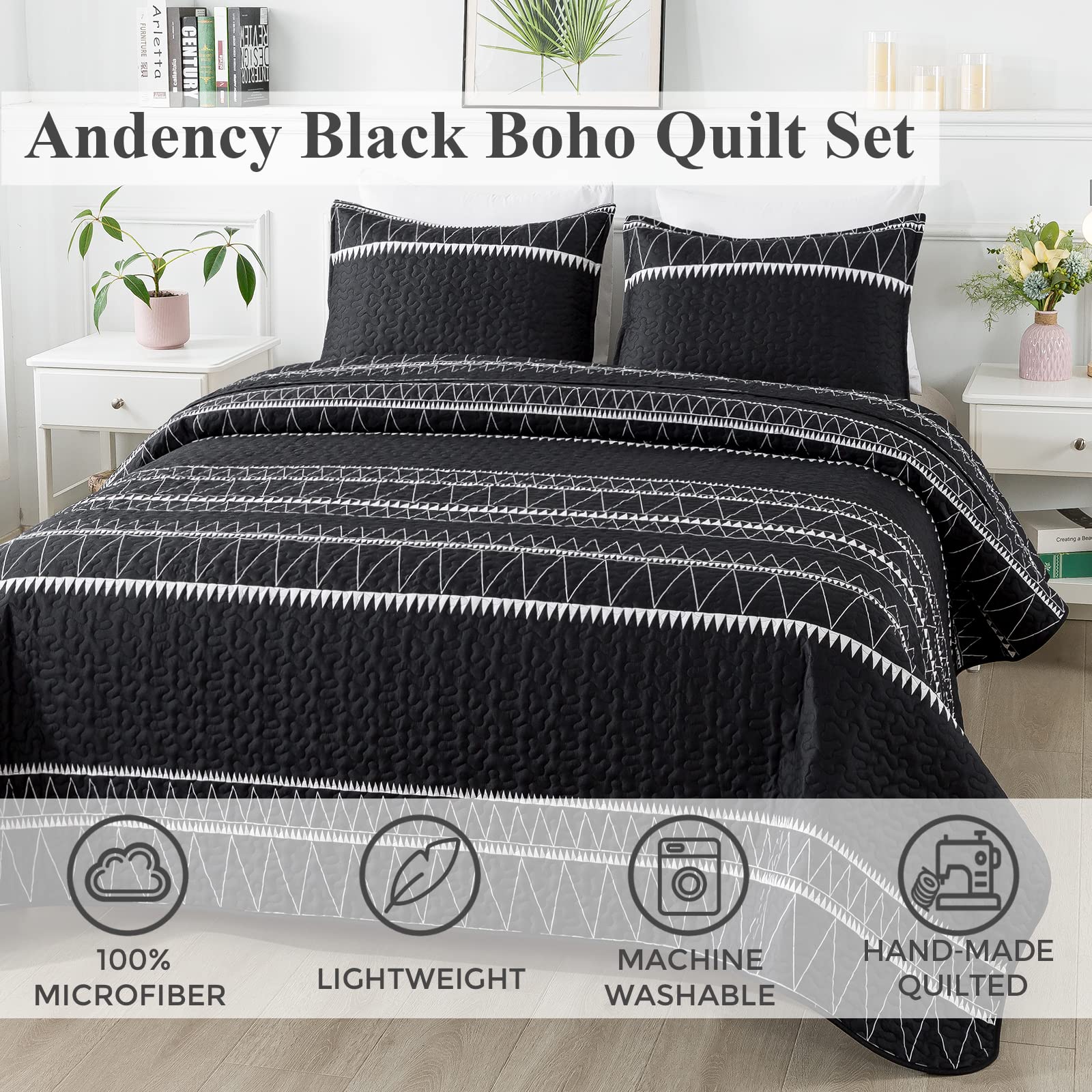 Andency Black Quilt Set Oversized King (118X120 Inch), 3 Pieces(1 Striped Triangle Printed Quilt And 2 Pillowcases), Bohemian Summer Lightweight Reversible Microfiber Bedspread Coverlet Sets