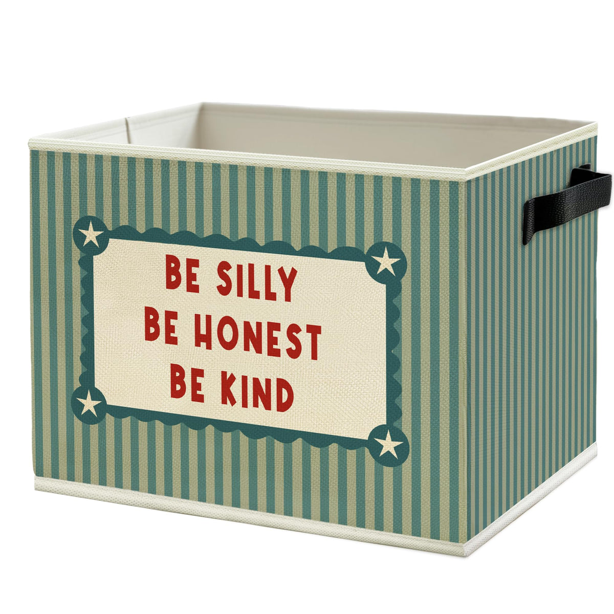 WULQYING Inspirational Kids Nursery Storage Bins Box with Handles, Retro Green Striped Be Silly Honest Kind Motivational Collaps