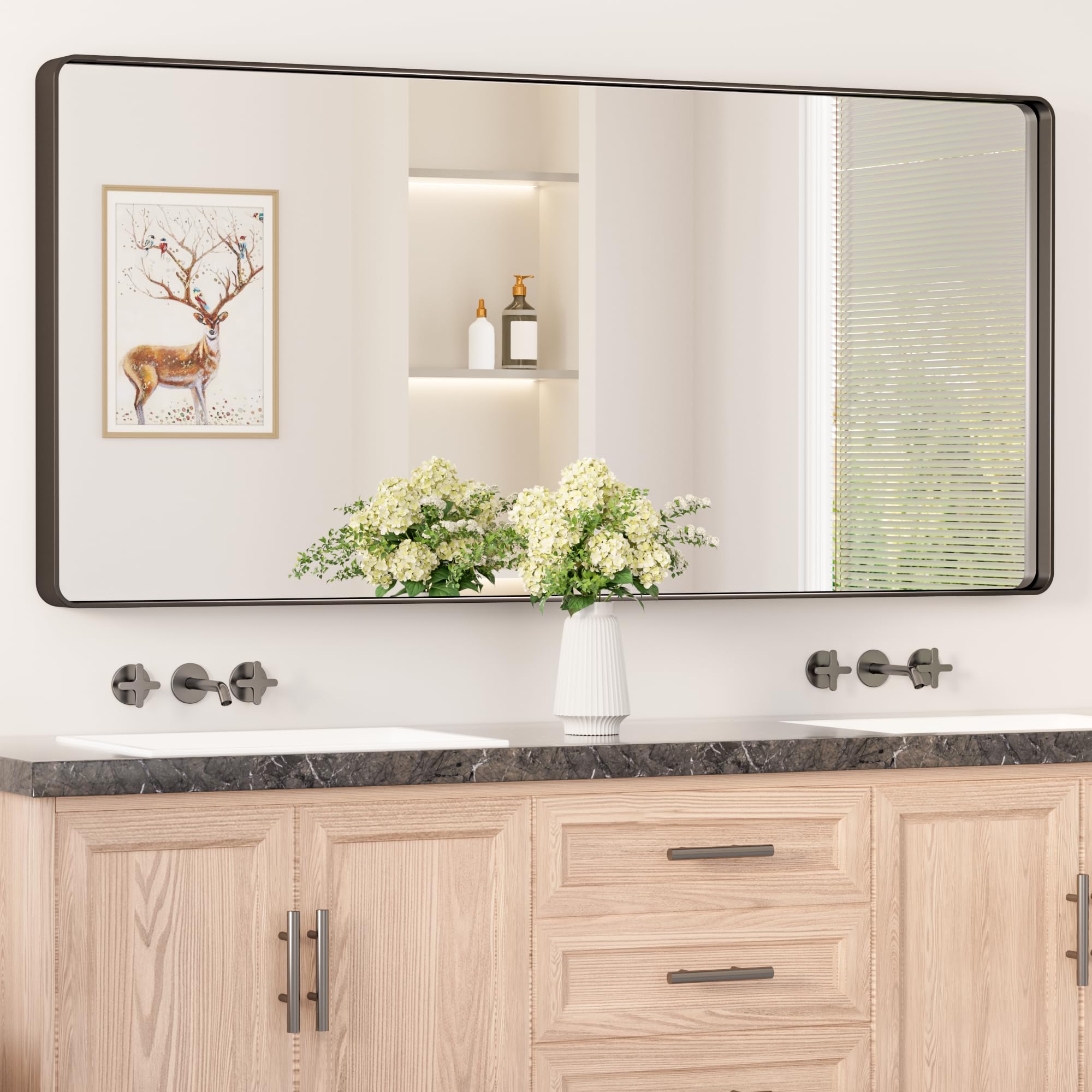 Keonjinn Black Bathroom Mirror for Over Sink, 60    x 28    Large Rounded Rectangle Bathroom Vanity Mirror, Matte Black Modern D