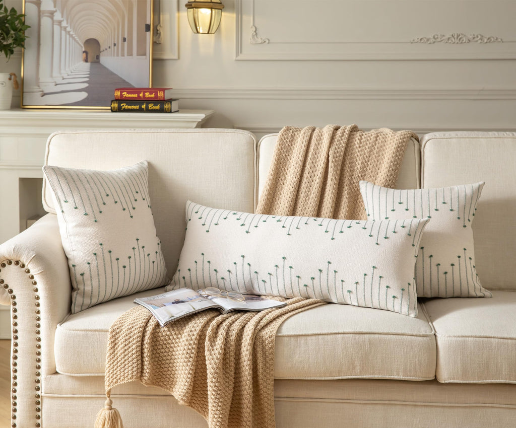 Boho Lumbar Pillow Cover 14X36 Long Pack Of 1 Decorative Pillows Bed, Beige With Green Body Throw Pillow Covers, For Modern Farm