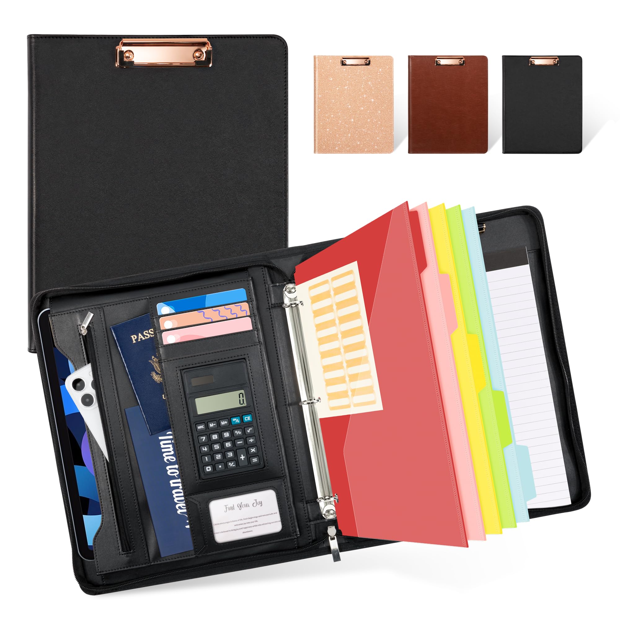 Ospelelf Zippered Padfolio Portfolio Folder, Leather Clipboard With Storage, 3 Ring Binder 1 Inch,12.1    Tablet Sleeve, 5 Divid
