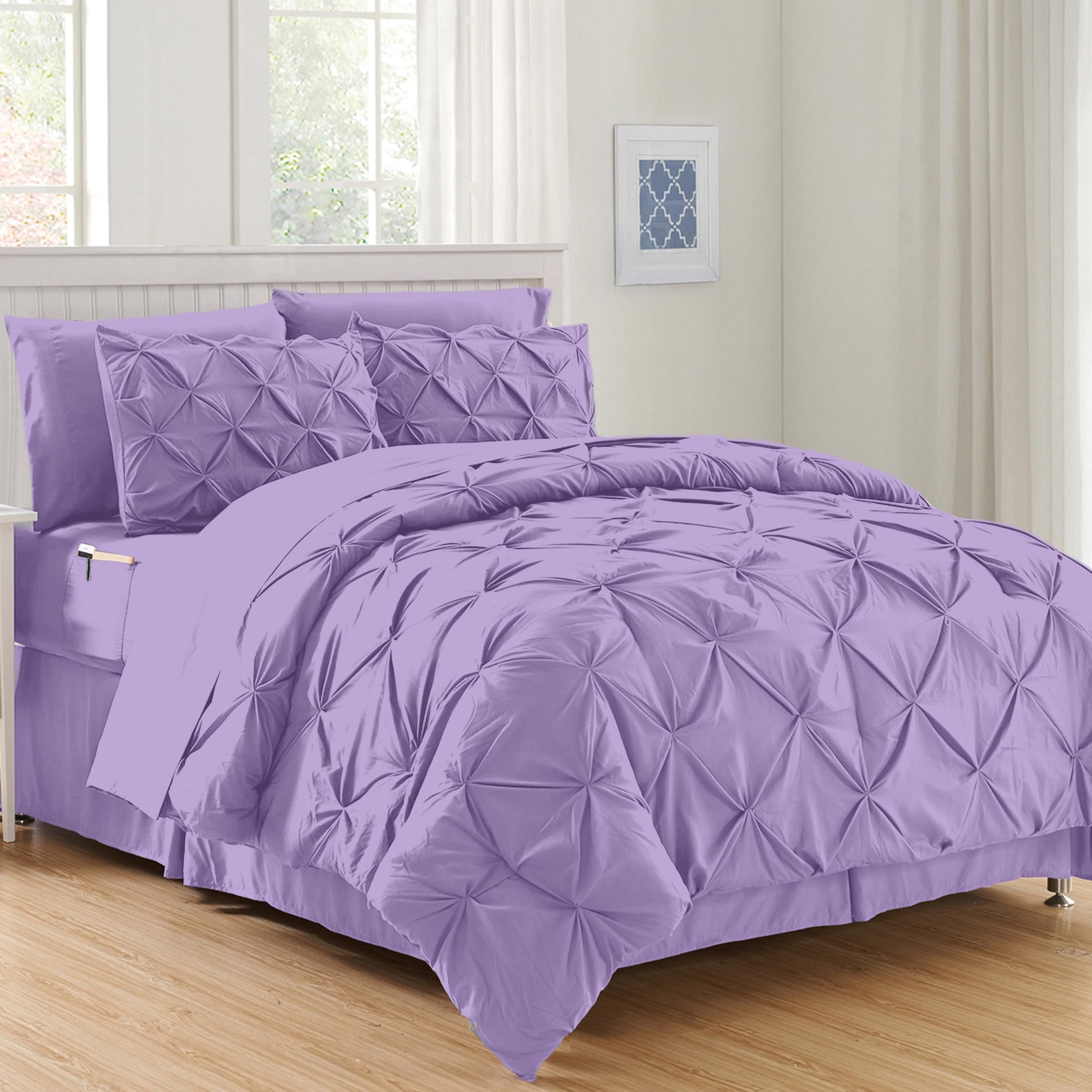 Elegant Comfort Luxury Softest, Coziest 8-Piece Bed-In-A-Bag Comforter Set - Silky Soft Complete Set Includes Bed Sheet Set With Double Sided Storage Pockets, Full/Queen, Lilac